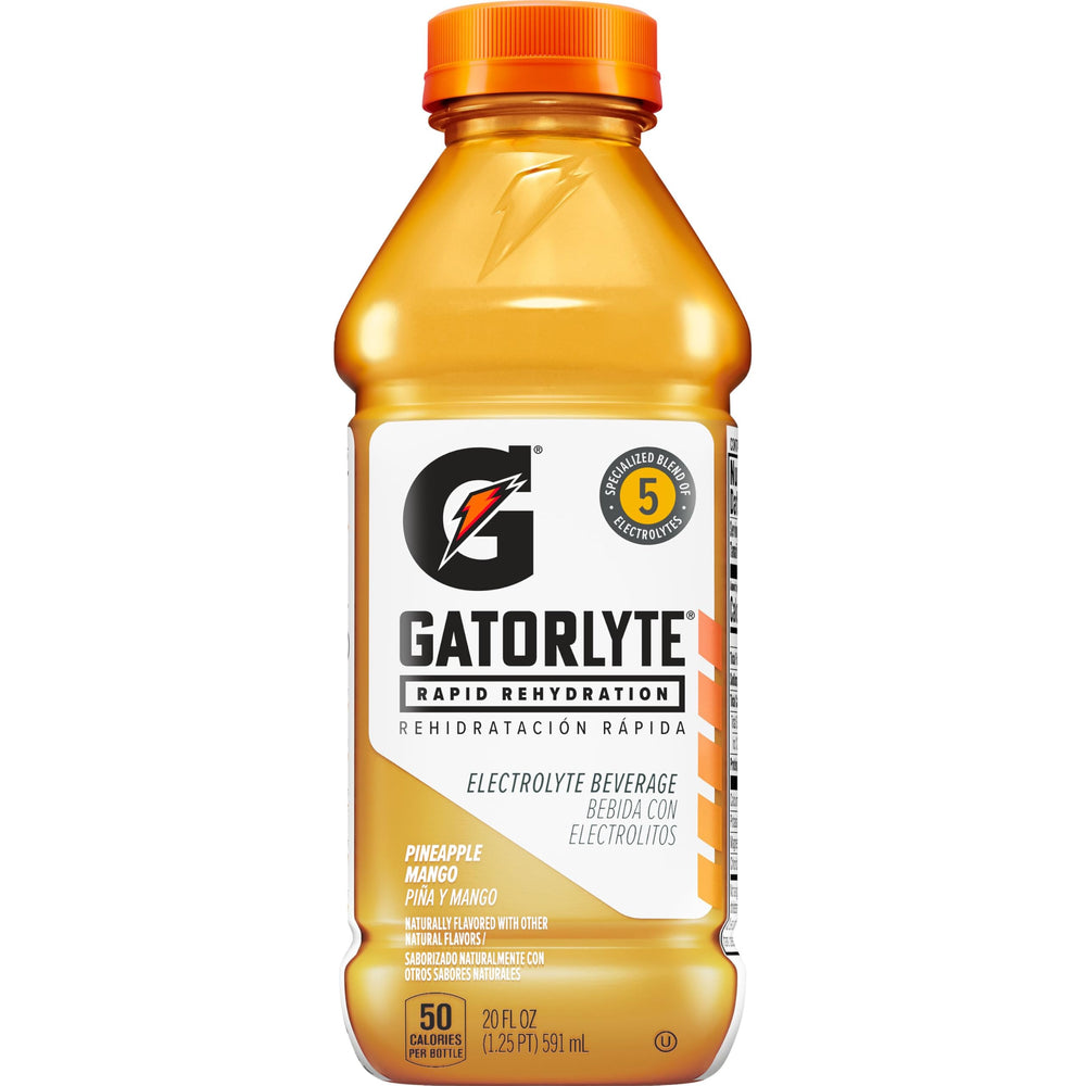 Gatorlyte Pineapple Mango bottle ready for rapid hydration during workouts.