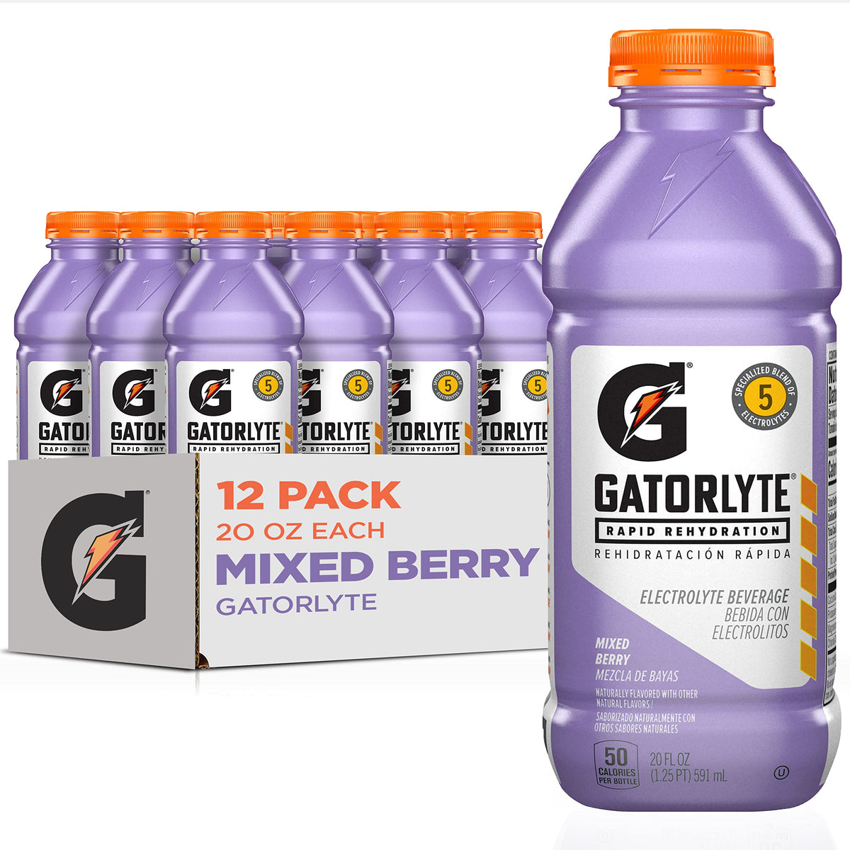Gatorlyte Mixed Berry 20oz bottle front, ready for rapid hydration during workouts.