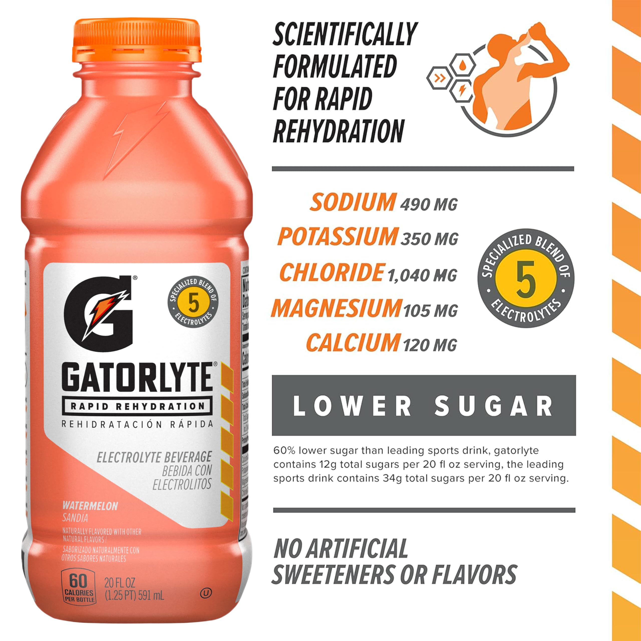 Gatorlyte Watermelon bottle label closeup emphasizes the 5-electrolyte blend.
