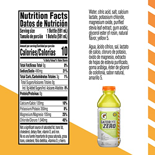Close-up of Gatorlyte Zero Lemon Lime bottle highlighting sugar-free hydration.