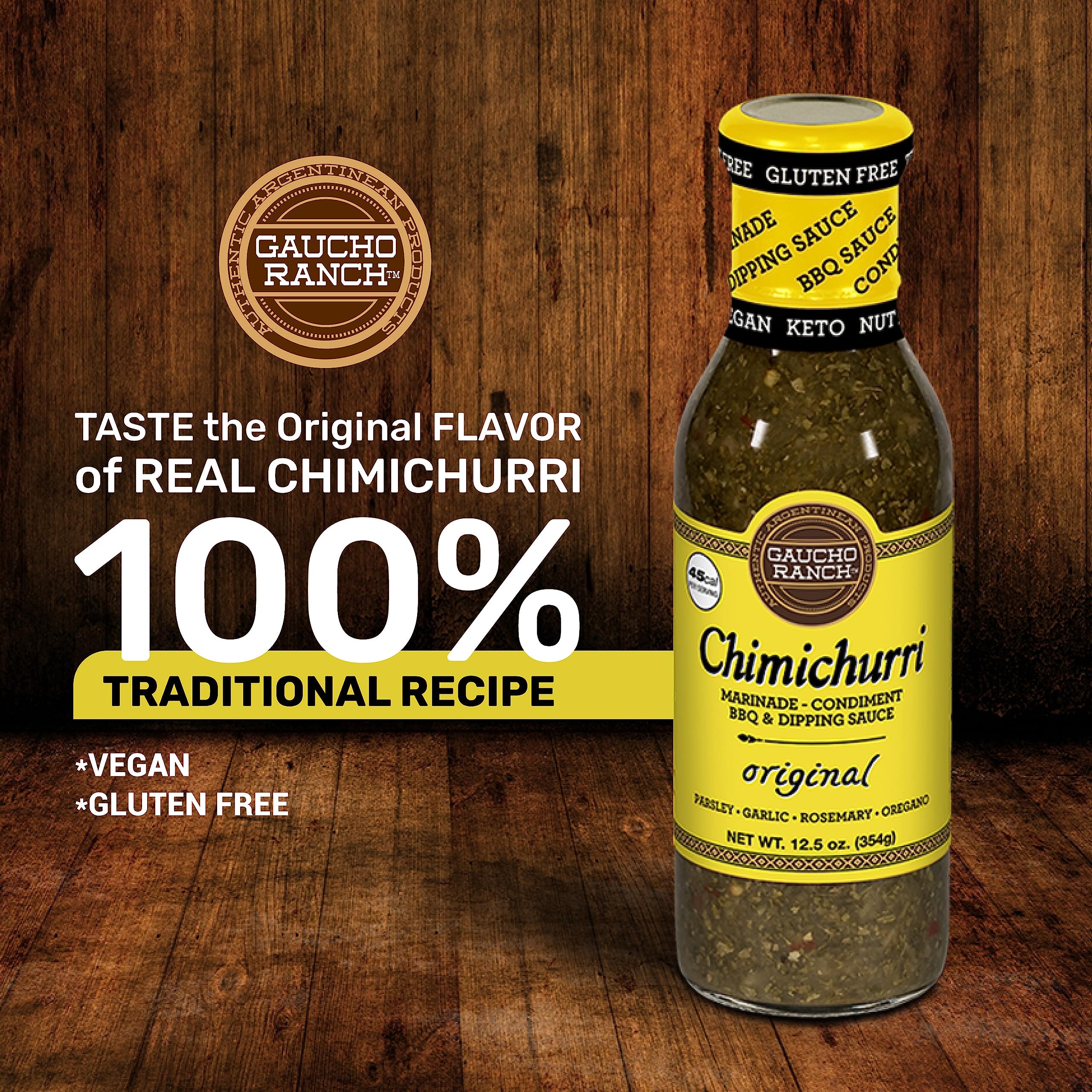 Gaucho Ranch Chimichurri label on a durable glass bottle for kitchen use