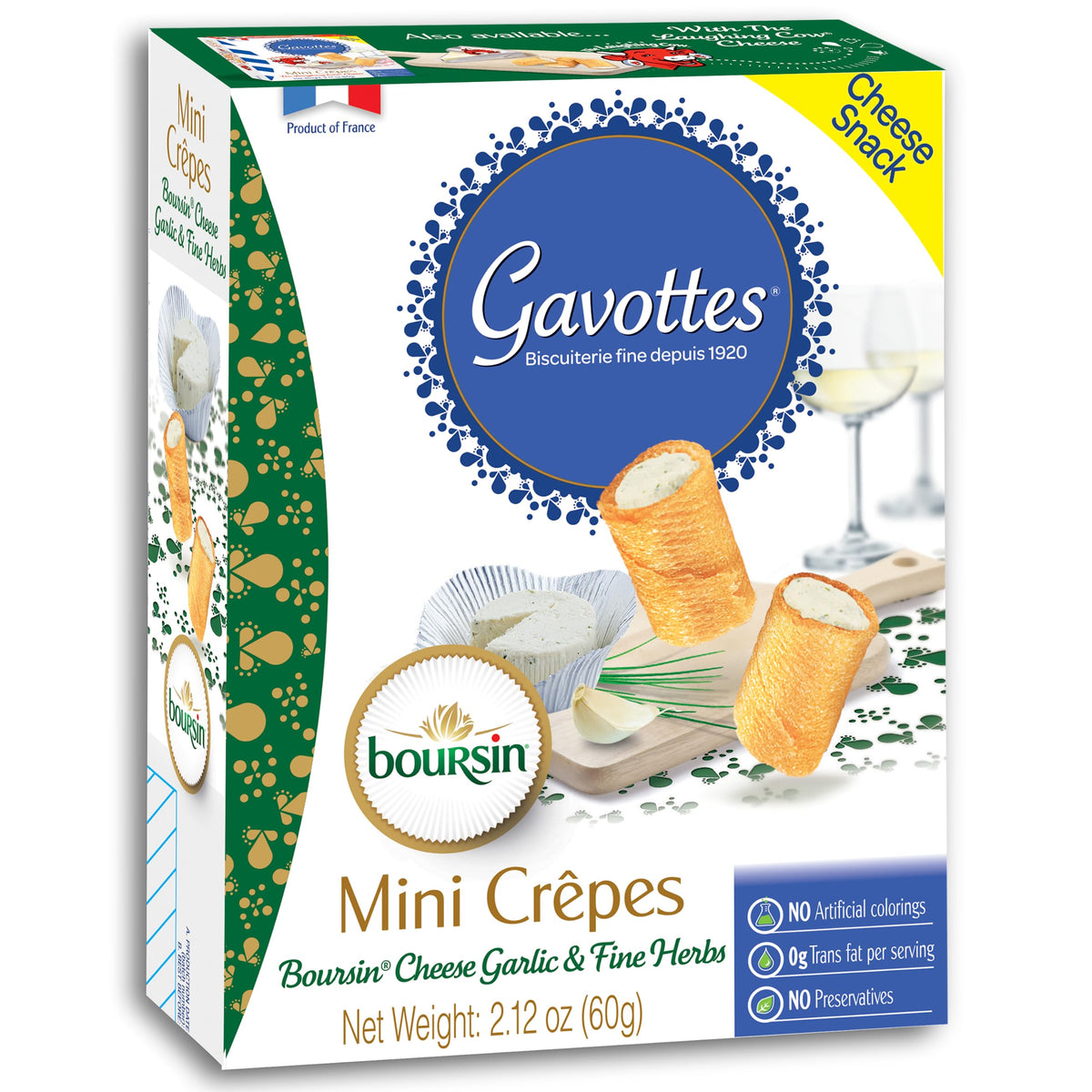 Gavottes Boursin-filled mini crepes in the pack, a refined savory snack.