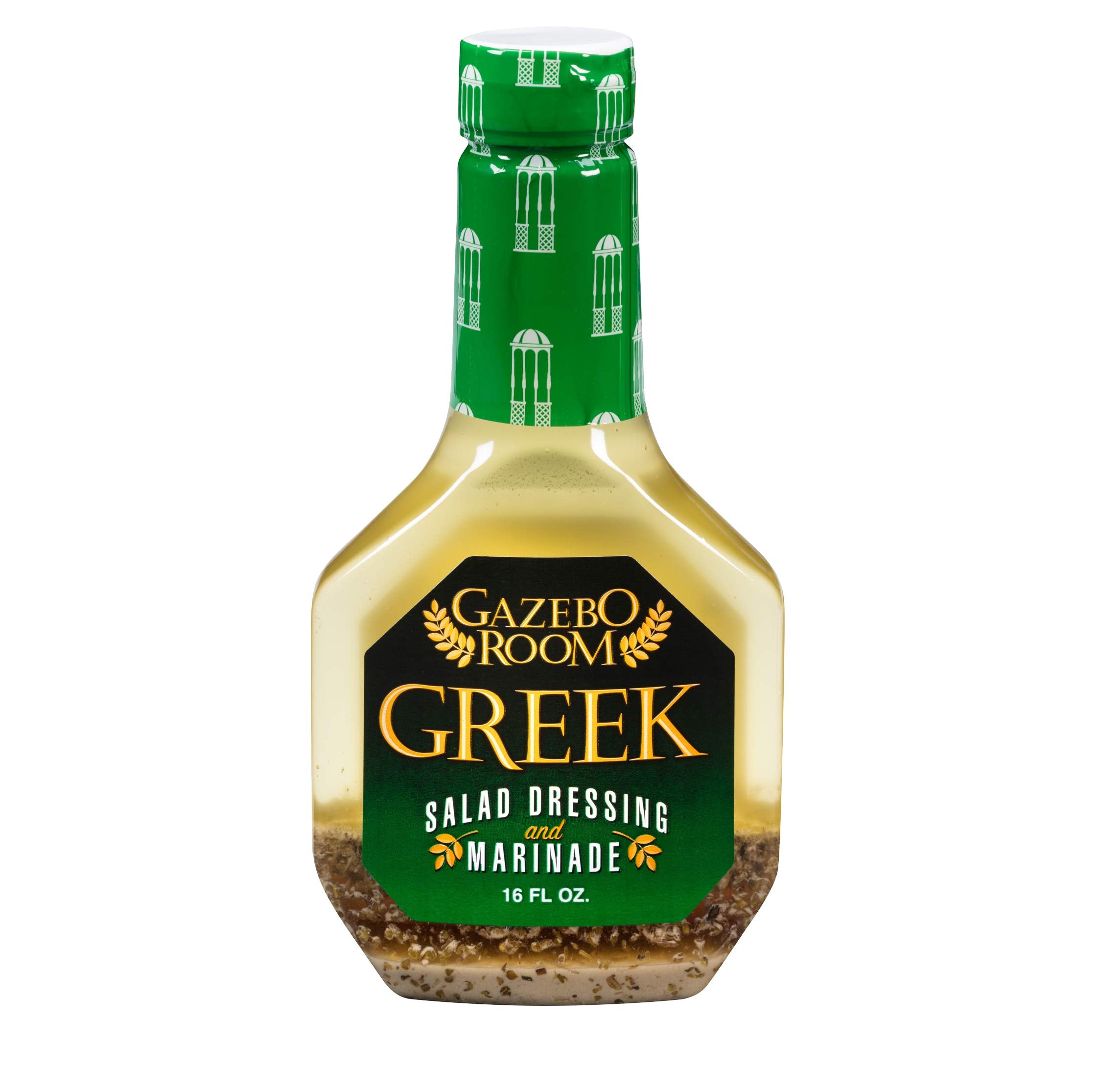 Gazebo Room Greek Dressing bottle pour, ideal for quick, flavorful salads.