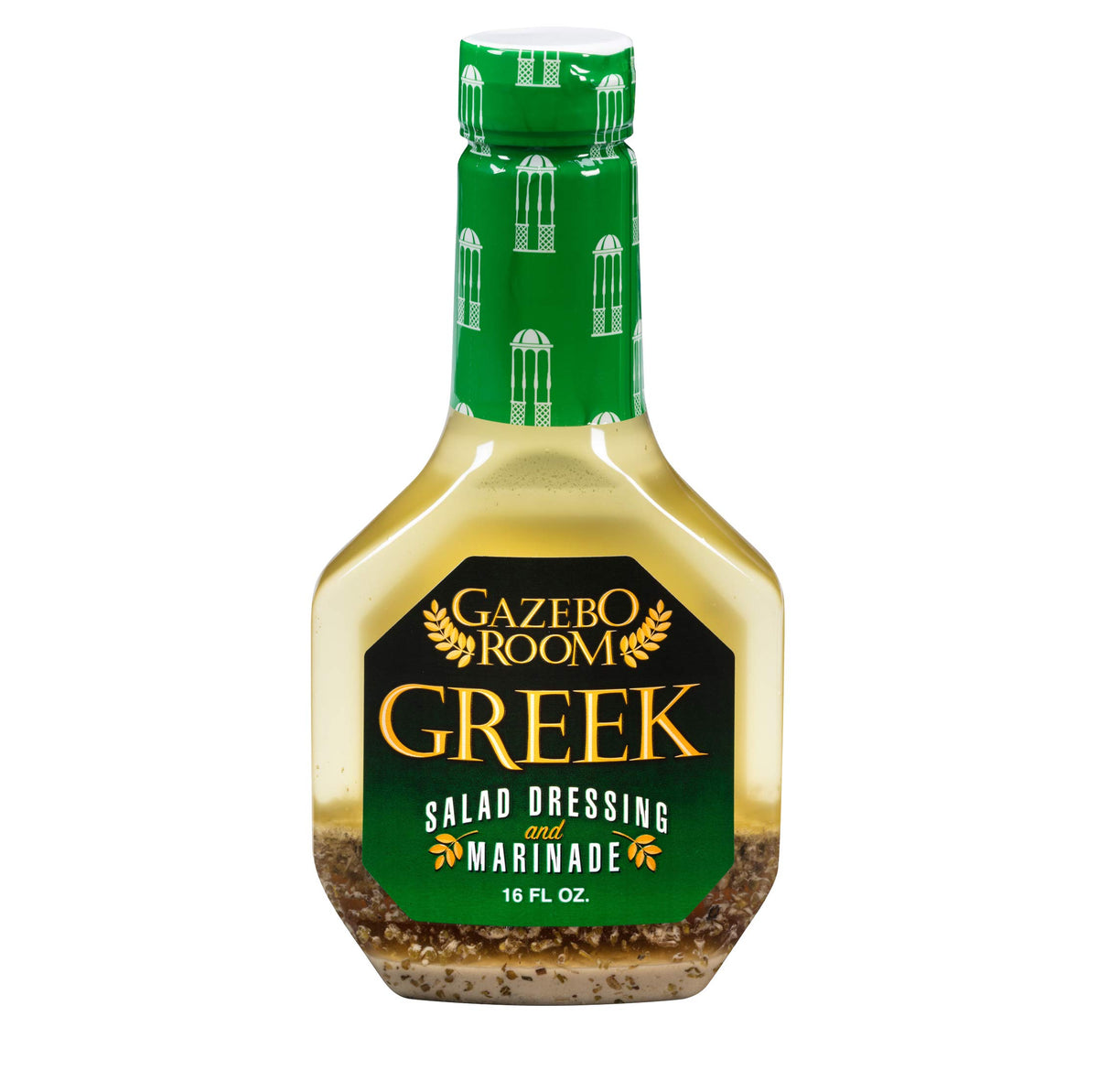 Gazebo Room Greek Dressing bottle pour, ideal for quick, flavorful salads.