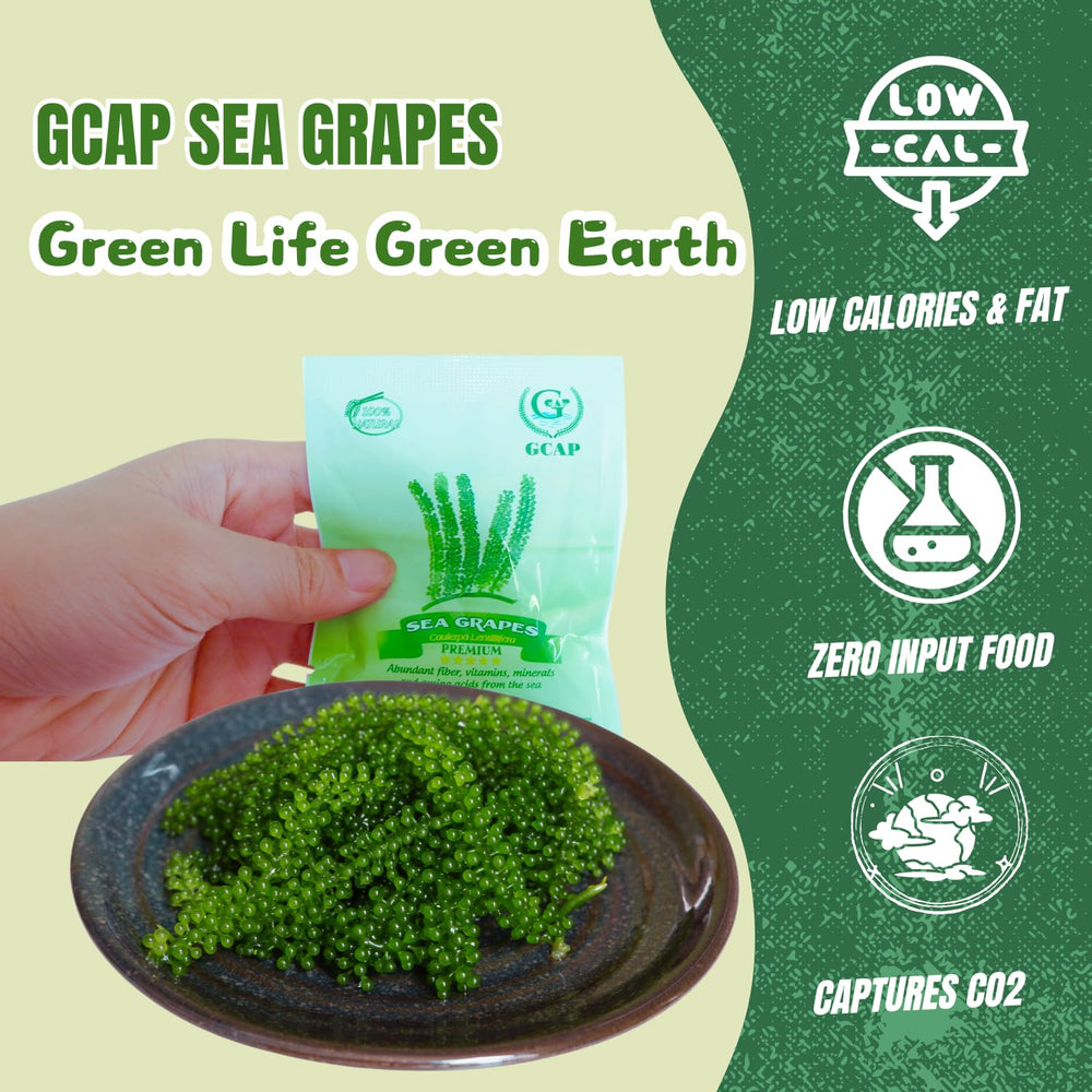 GCAP Sea Grapes green caviar beads on dish, adds texture and mineral-rich flavor.