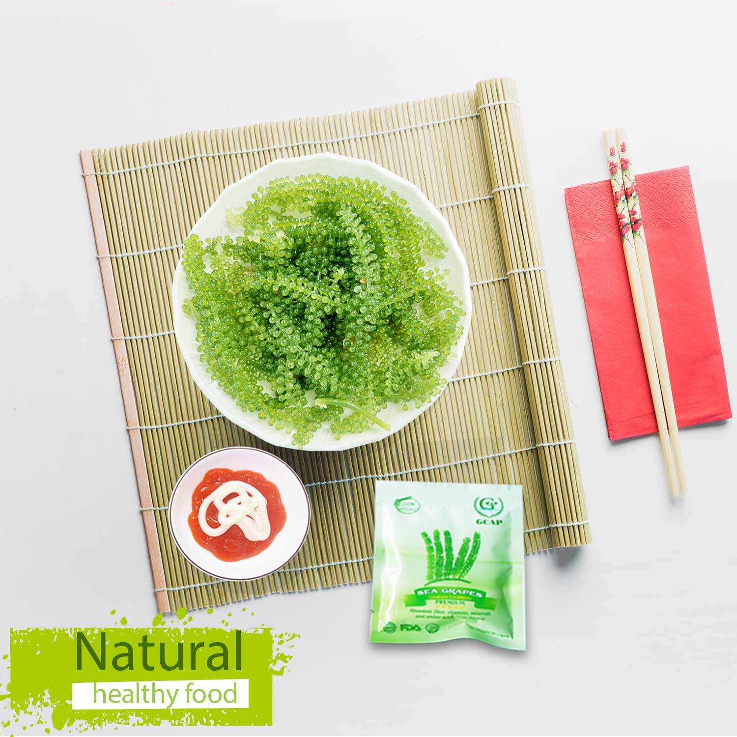 GCAP Sea Grapes sauce-sushi idea, ready to elevate dishes with caviar-like beads.