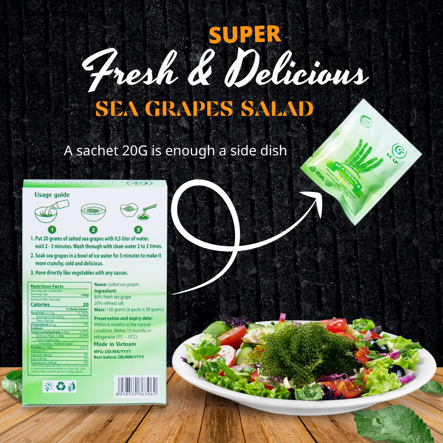 GCAP Sea Grapes snack-ready beads, convenient 20g sachet for on-the-go enjoyment.