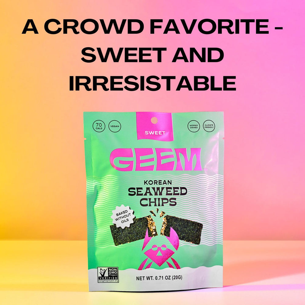 Geem Seaweed Snacks non-GMO seal and natural ingredients close-up.