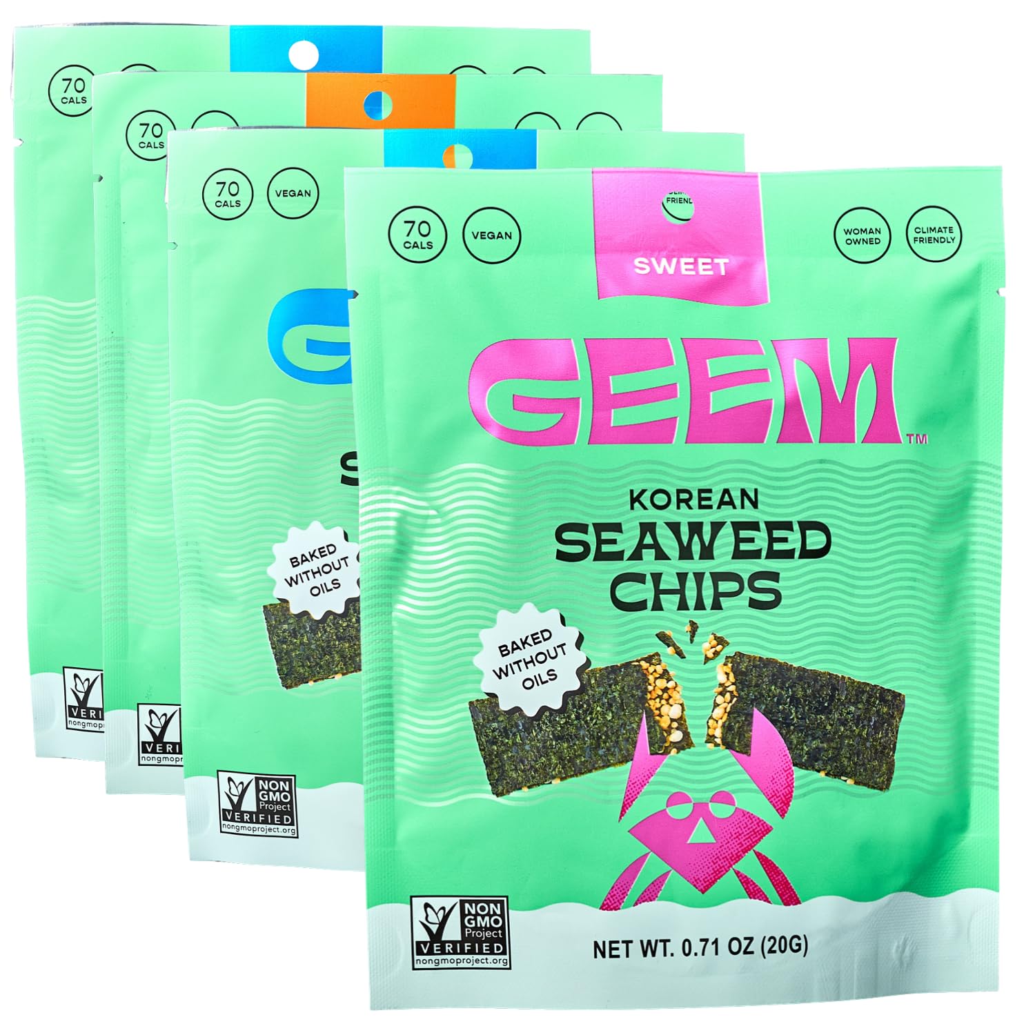 Geem Seaweed Snacks variety pack front view; crunchy, oil-free chips for healthy snacking.