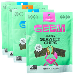 Geem Seaweed Snacks variety pack front view; crunchy, oil-free chips for healthy snacking.
