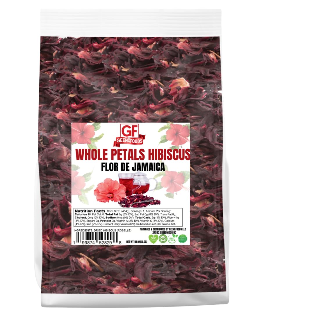 Geenafoods hibiscus flowers in a 1lb resealable bag for fresh hibiscus tea