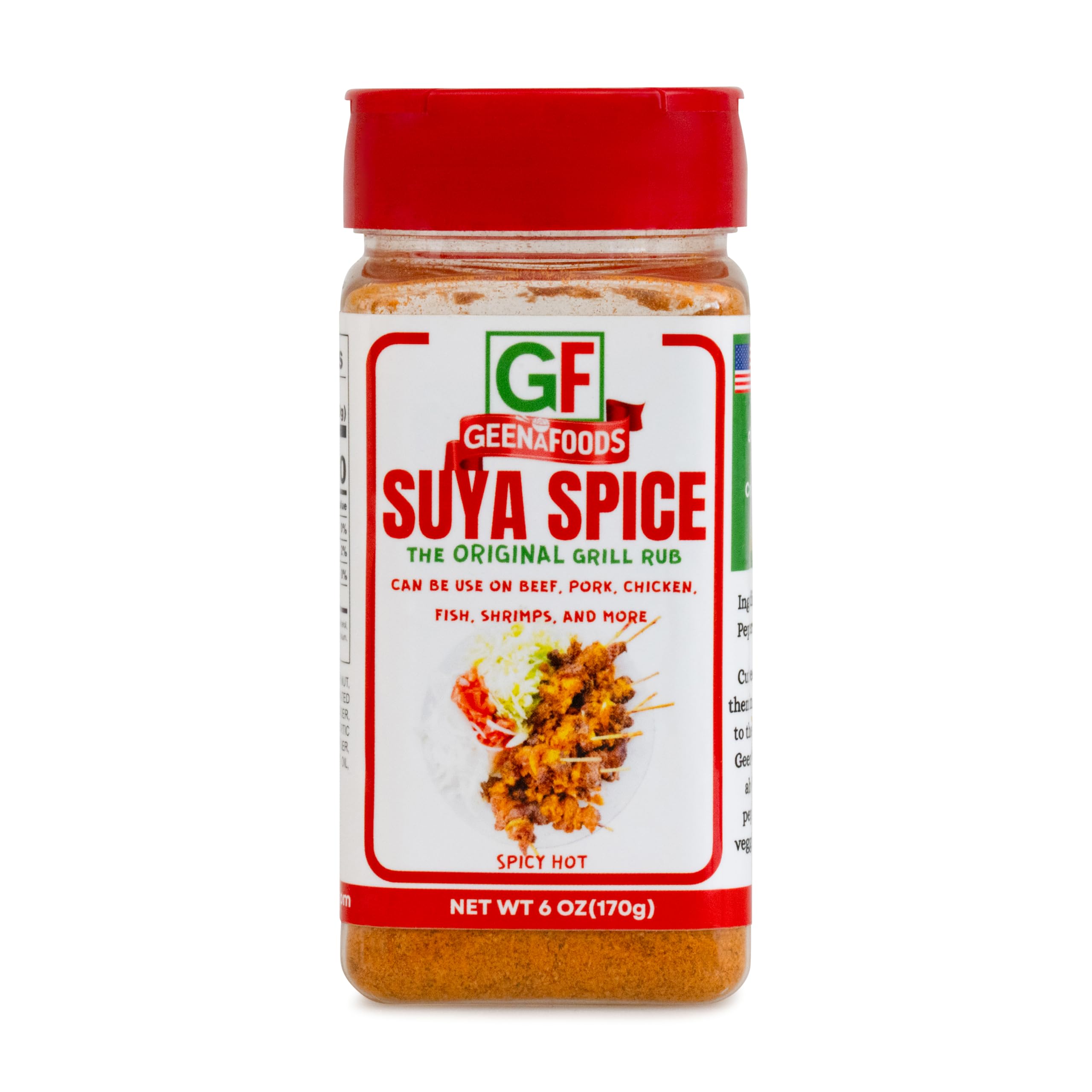 Geenafoods Suya seasoning bottle showcases an authentic African blend for grilling flavor