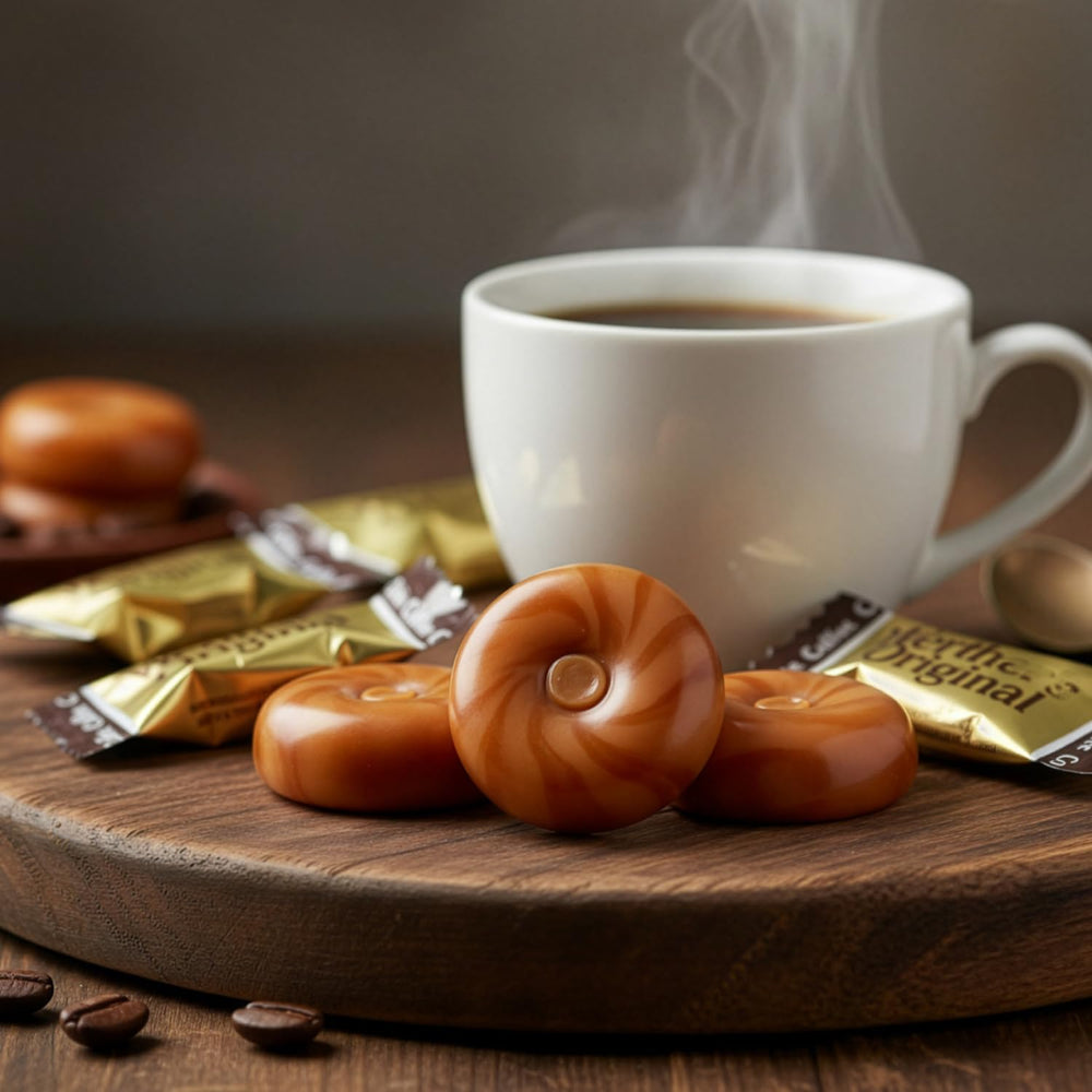 Geeoollah hard caramel coffee candy closeup—glossy shell and creamy center.