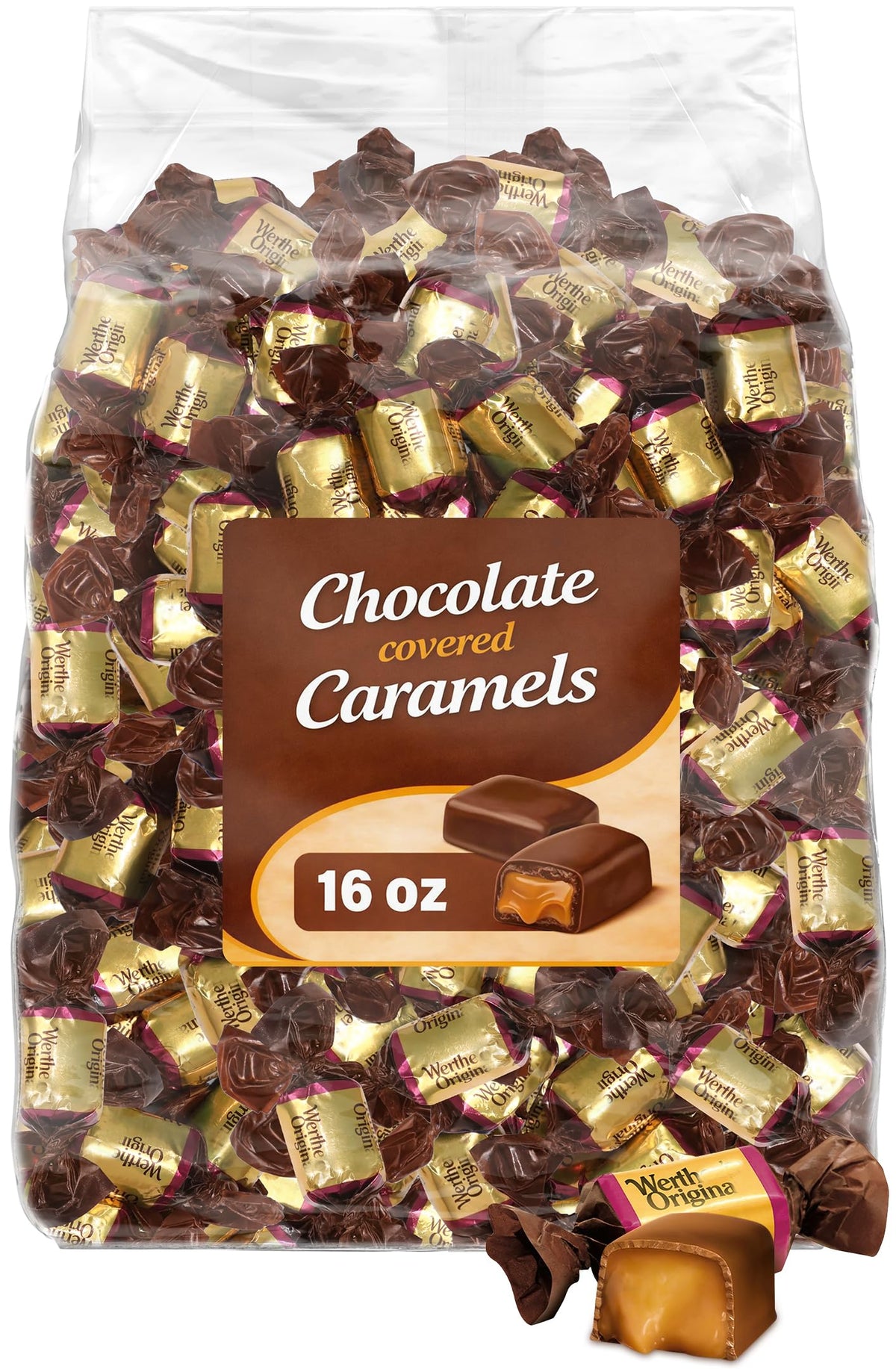 GEEOOLLAH Original chocolate caramels one-lb bulk bag front, ideal for party favors and office snacks.