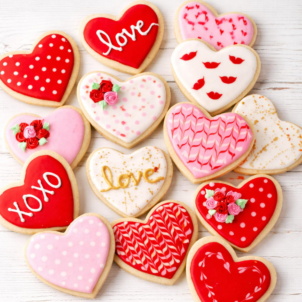 GEEOOLLAH Valentine baking setup shows colors ready for decorating.