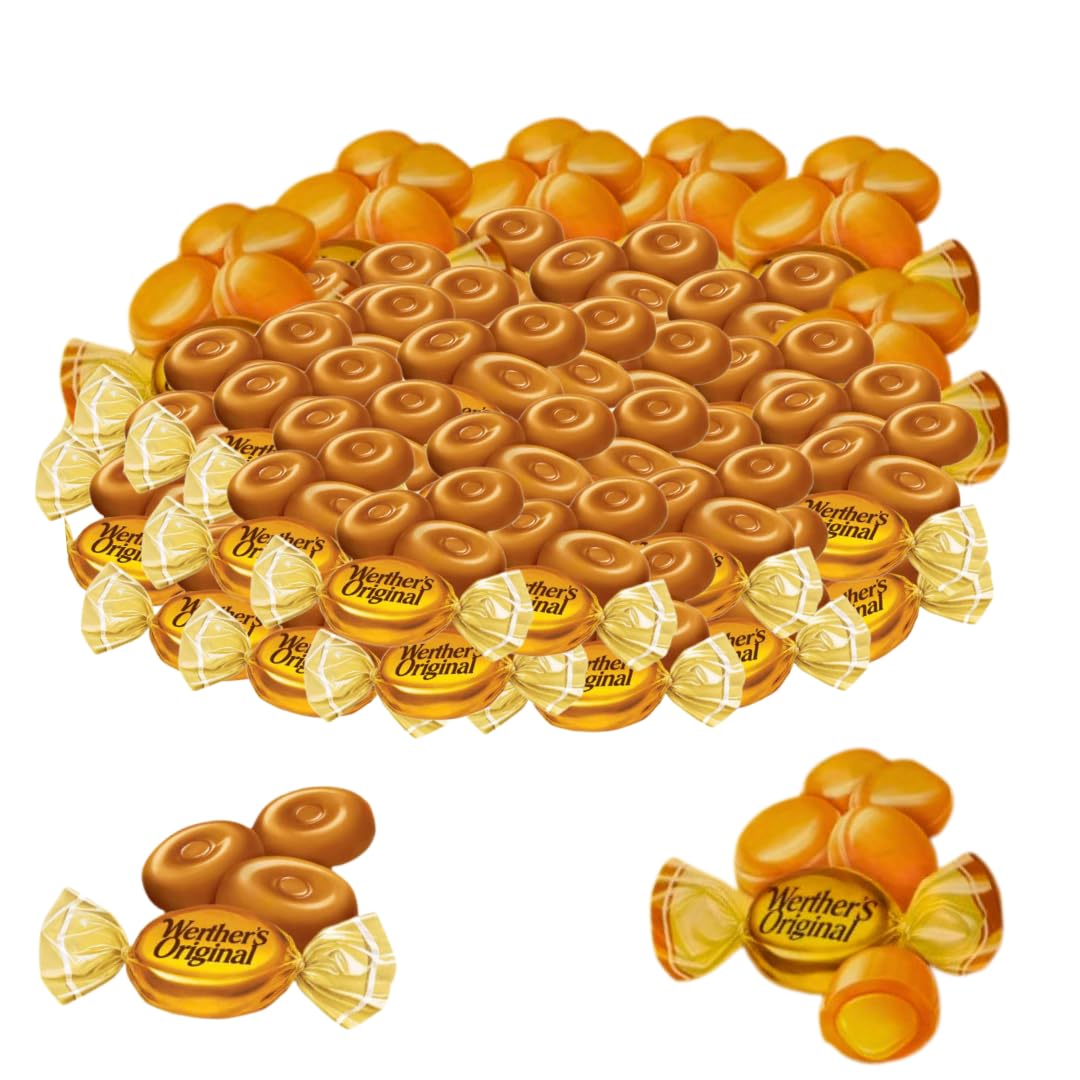 Close-up of Werthers Original textures: hard, creamy, and chewy varieties.