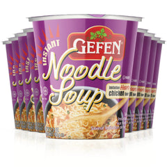 Gefen instant noodle soup chicken 12-pack box, convenient fat-free flavor.