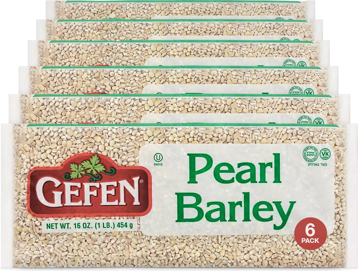 Gefen pearled barley bag on a shelf, convenient 1lb packaging for pantry prep.
