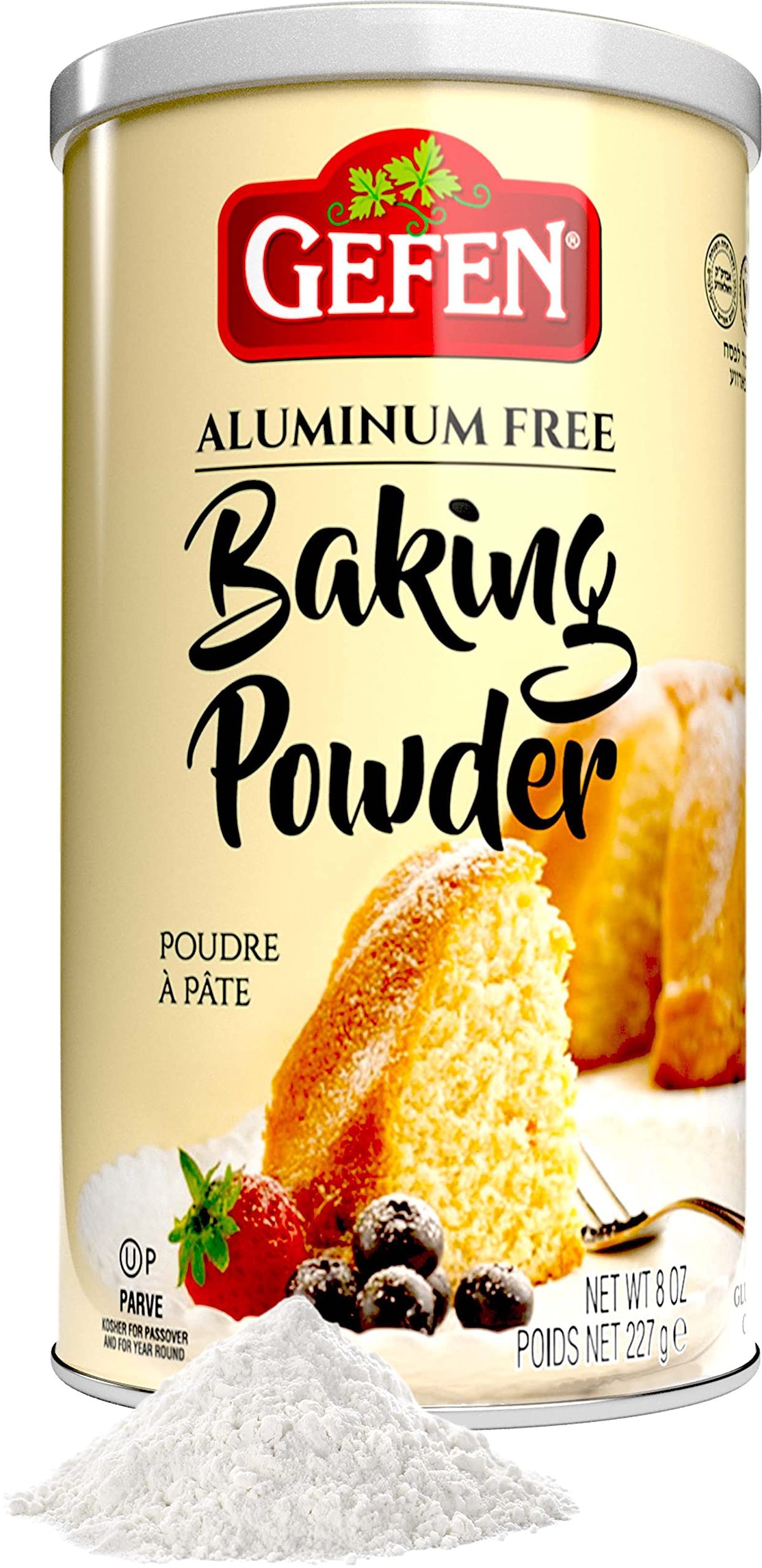 Gefen baking powder 8oz canister ready for pantry storage and reliable leavening.