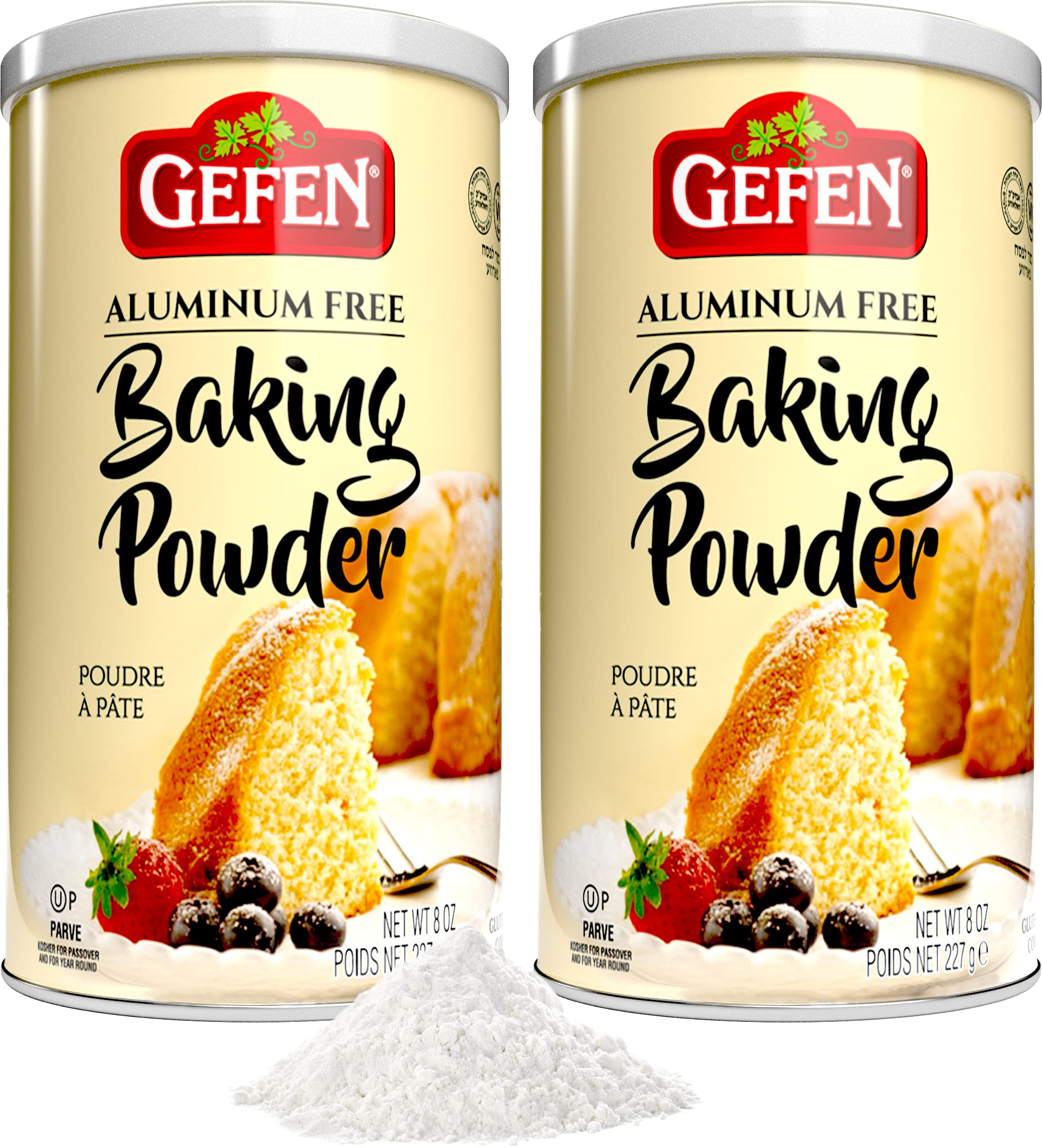 Gefen aluminum-free baking powder canister on kitchen counter for fresh baking.