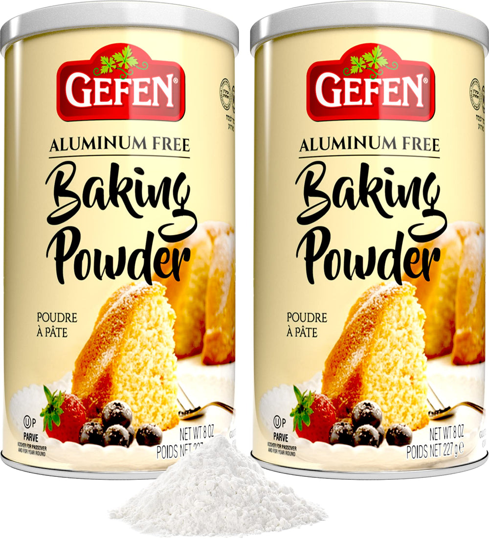 Gefen aluminum-free baking powder canister on kitchen counter for fresh baking.