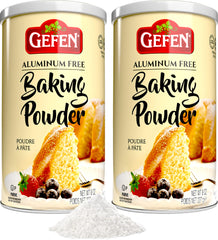 Gefen aluminum-free baking powder canister on kitchen counter for fresh baking.
