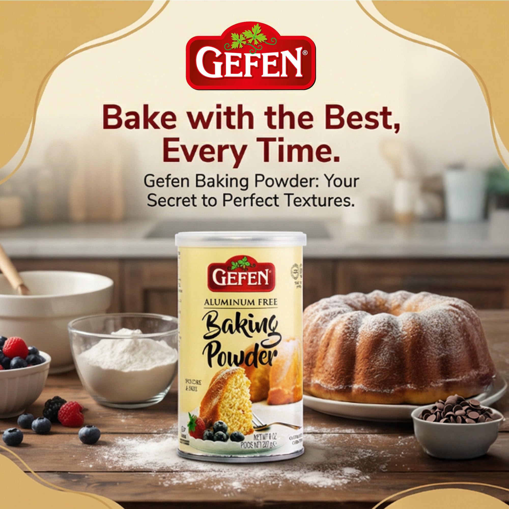 Gefen baking powder label closeup highlights aluminum-free formula.