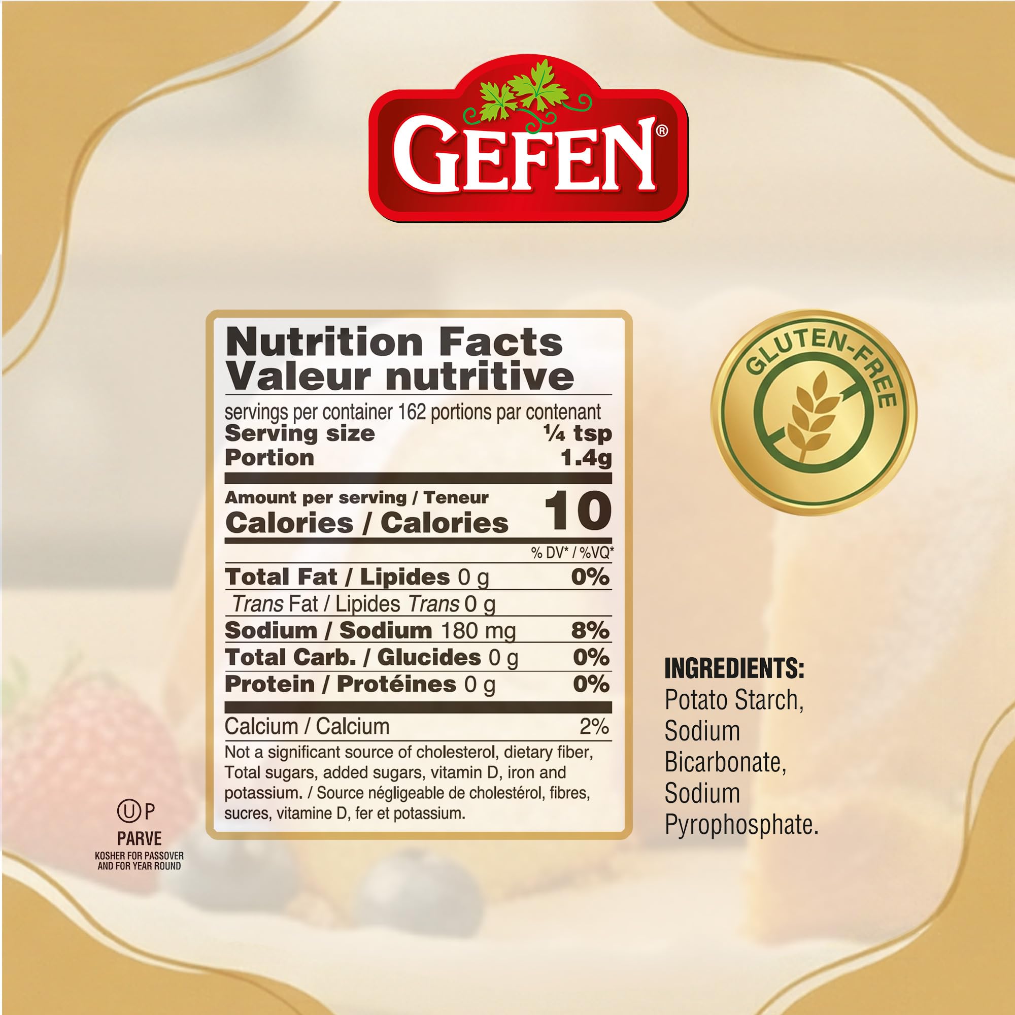 Gefen baking powder lid-open view shows freshness and resealable design.