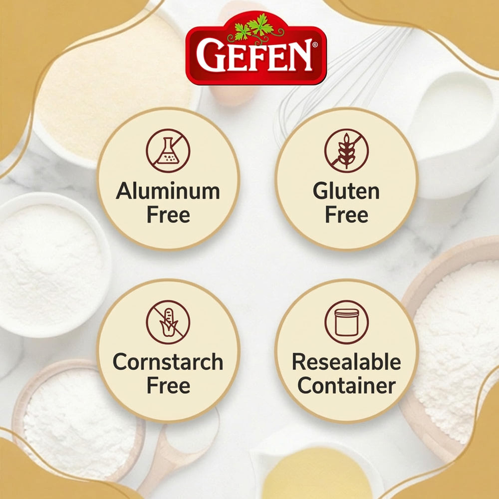 Gefen baking powder on pantry shelf emphasizes easy storage.