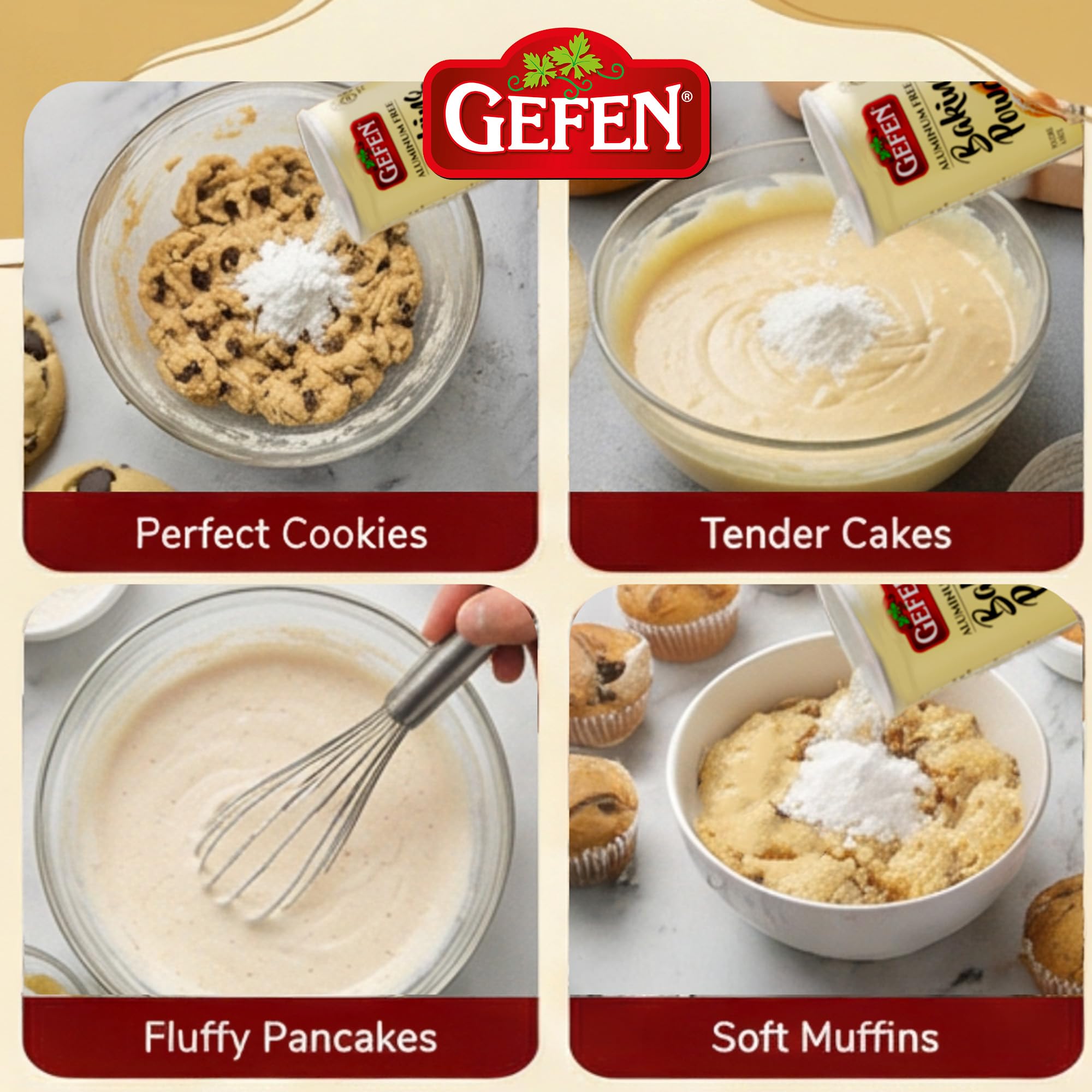 Gefen baking powder sifted over batter reveals light fluffy texture.