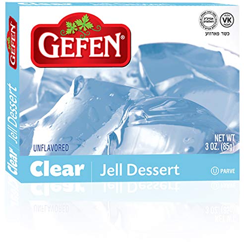 Gefen Clear Jello 3oz packaging on a kitchen counter, gluten-free dessert base.