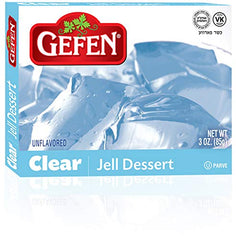 Gefen Clear Jello 3oz packaging on a kitchen counter, gluten-free dessert base.