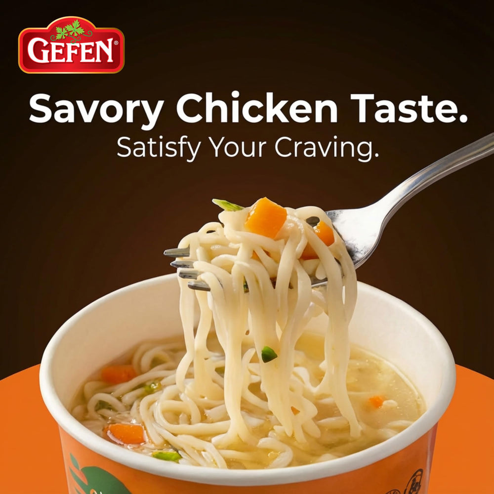 Gefen hot-water-ready noodles shown, quick preparation for busy days.