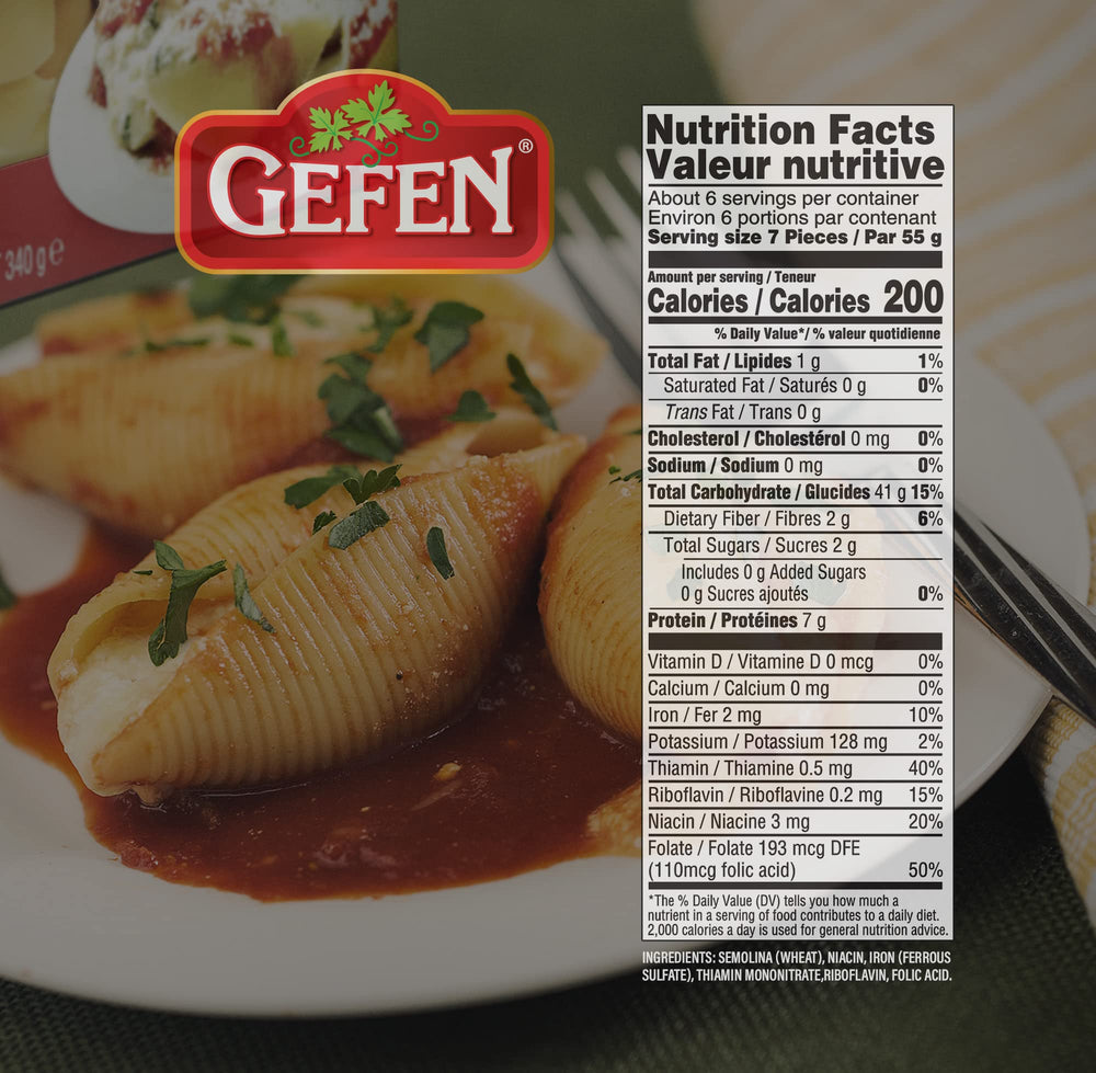 Gefen Jumbo Pasta Shells uncooked close-up showing large shells ideal for stuffing
