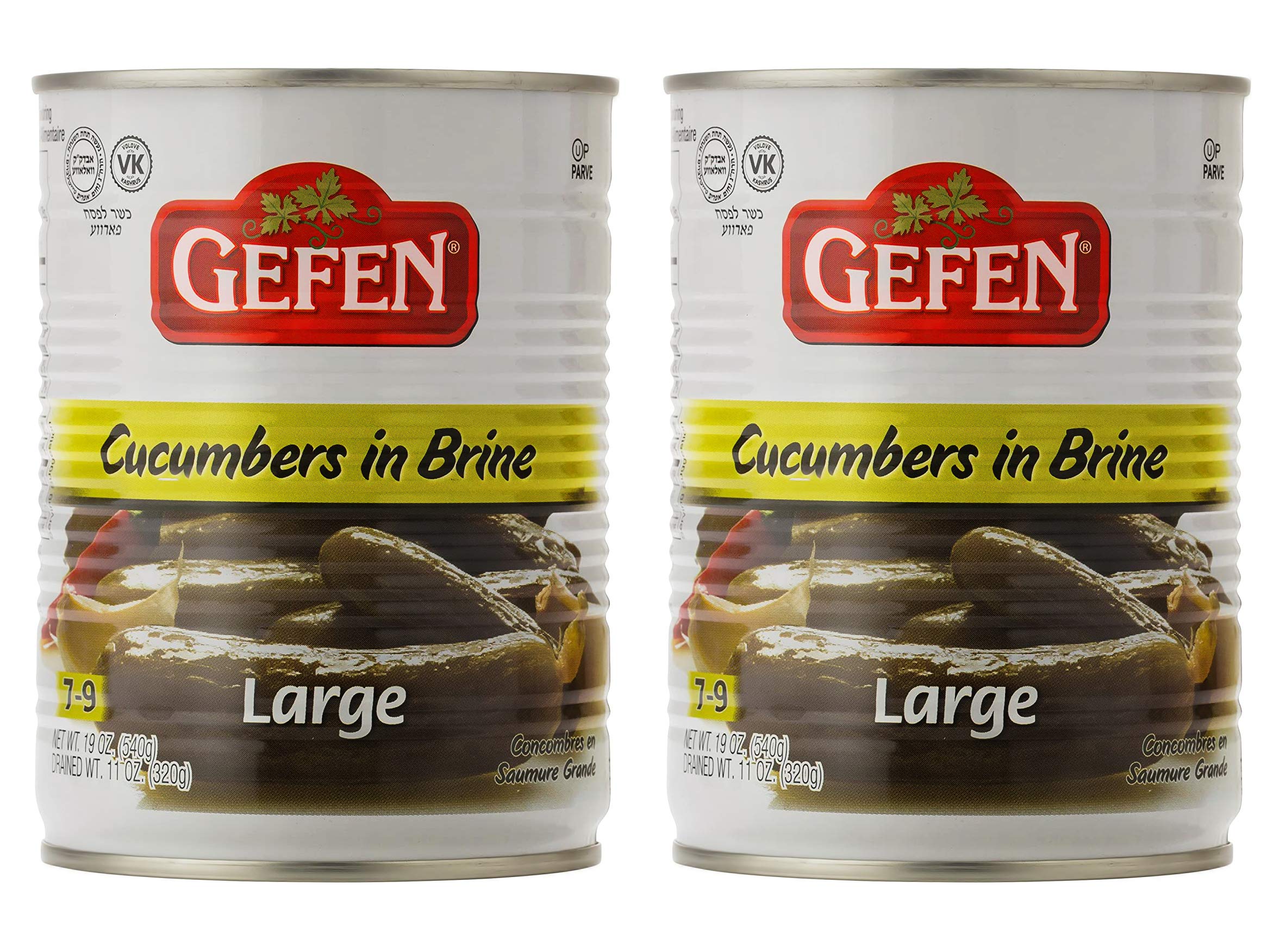 Gefen large pickled cucumber in brine close-up; crunchy bite for snacking.