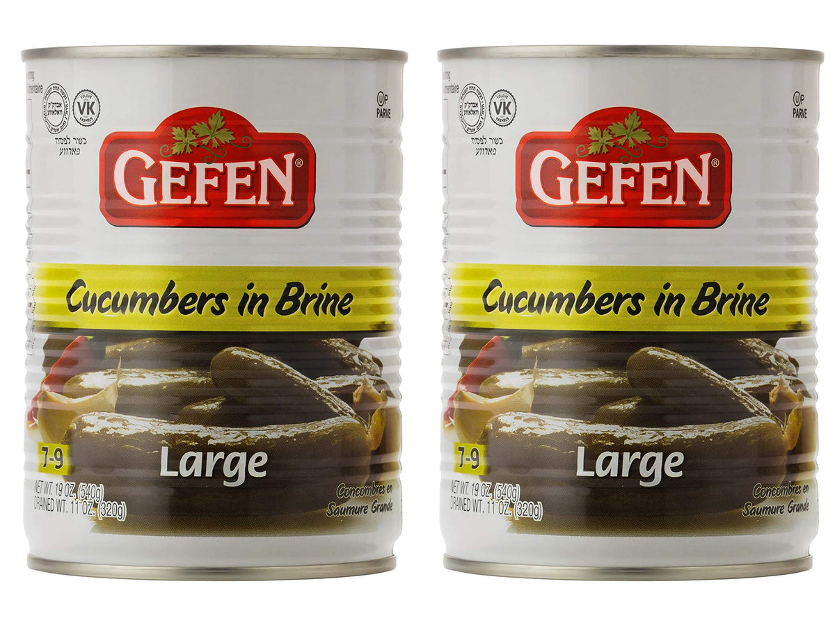 Gefen large pickled cucumber in brine close-up; crunchy bite for snacking.