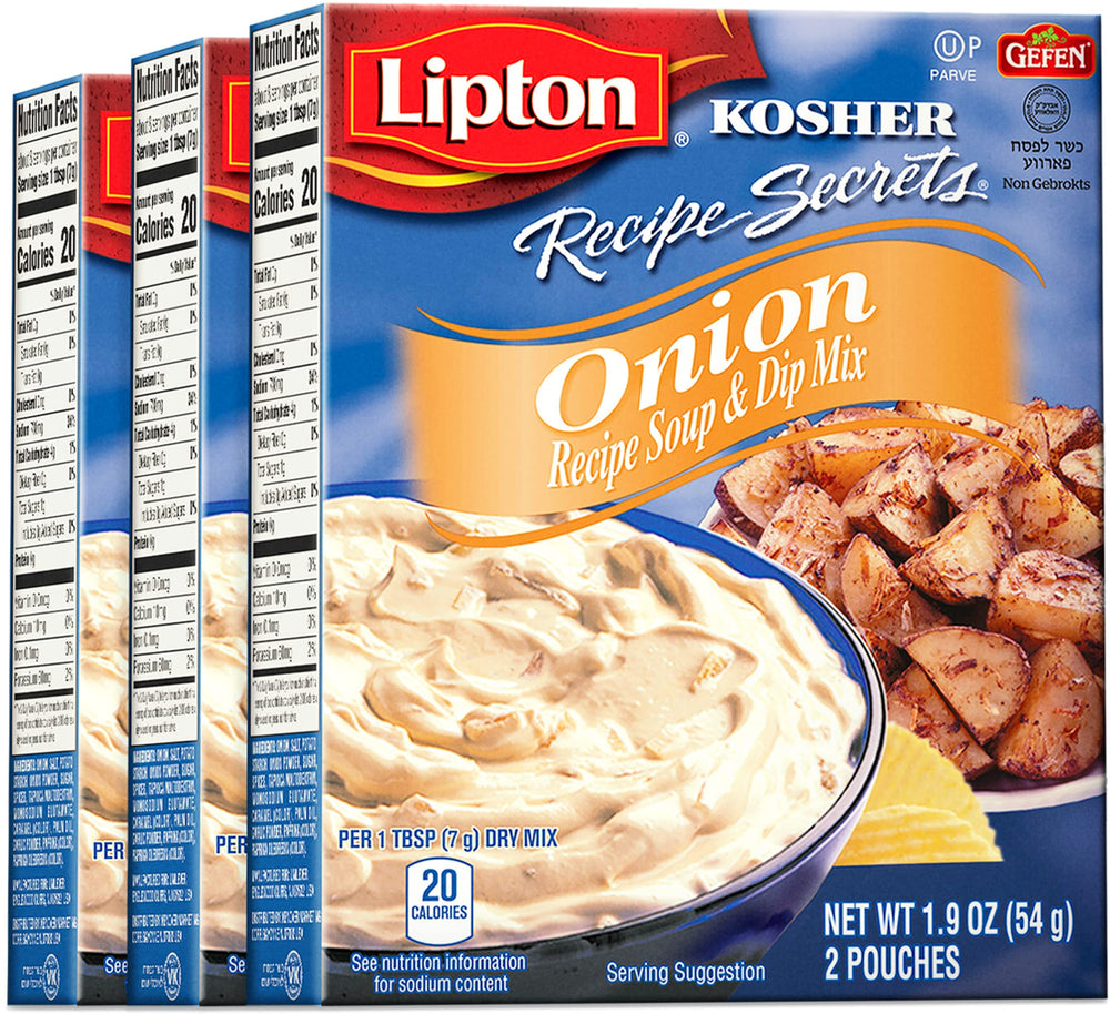 Gefen Lipton Gluten Free Onion Soup and Dip Mix three-pack pack shot shows convenient seasoning.