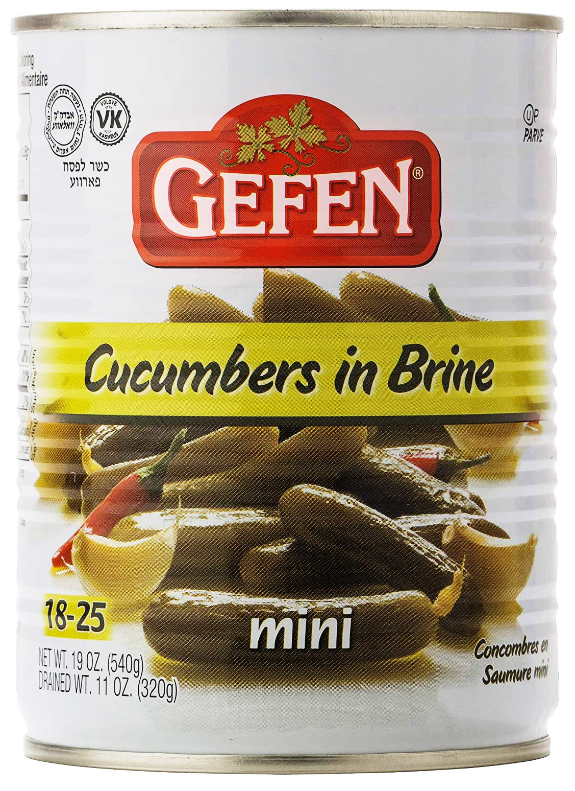 Gefen mini pickled cucumbers in brine as a snack bite with crisp texture.