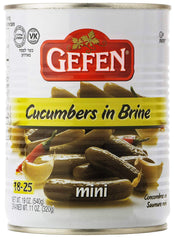 Gefen mini pickled cucumbers in brine as a snack bite with crisp texture.
