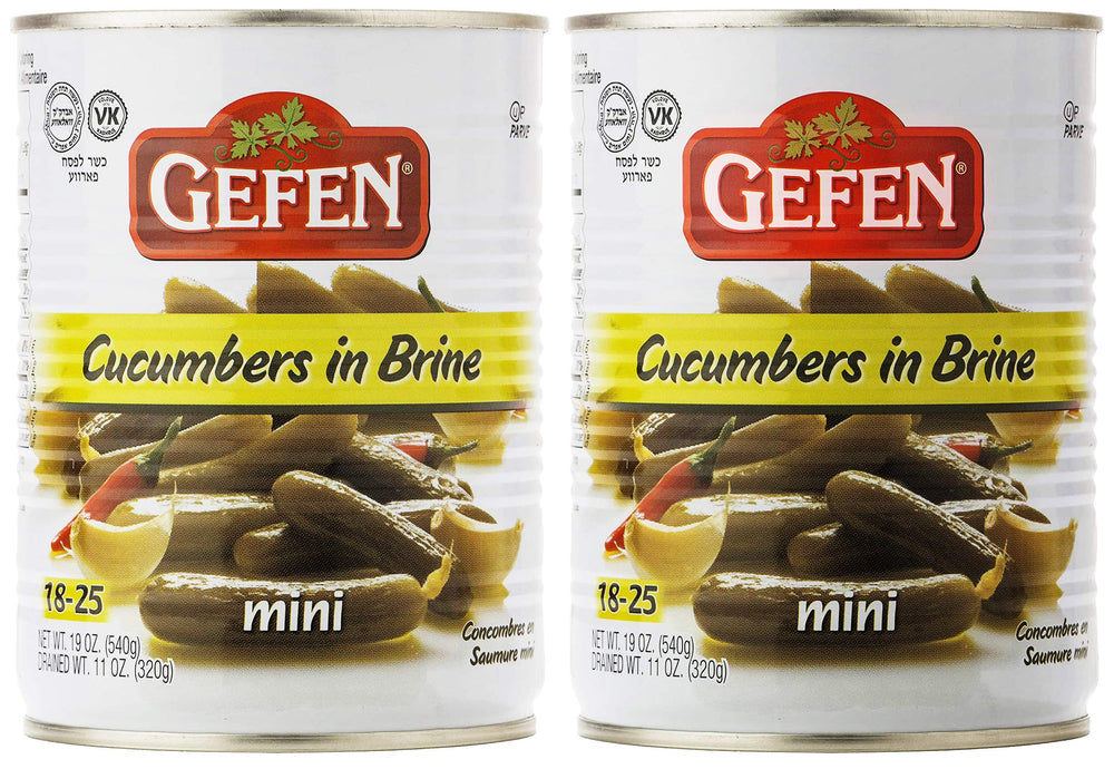 Gefen mini pickled cucumbers in brine on a can, adding crunch to salads.