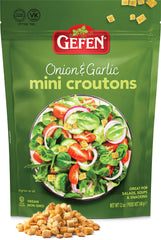Gefen Onion Garlic Mini Croutons in a resealable bag for quick, ready-to-use topping.