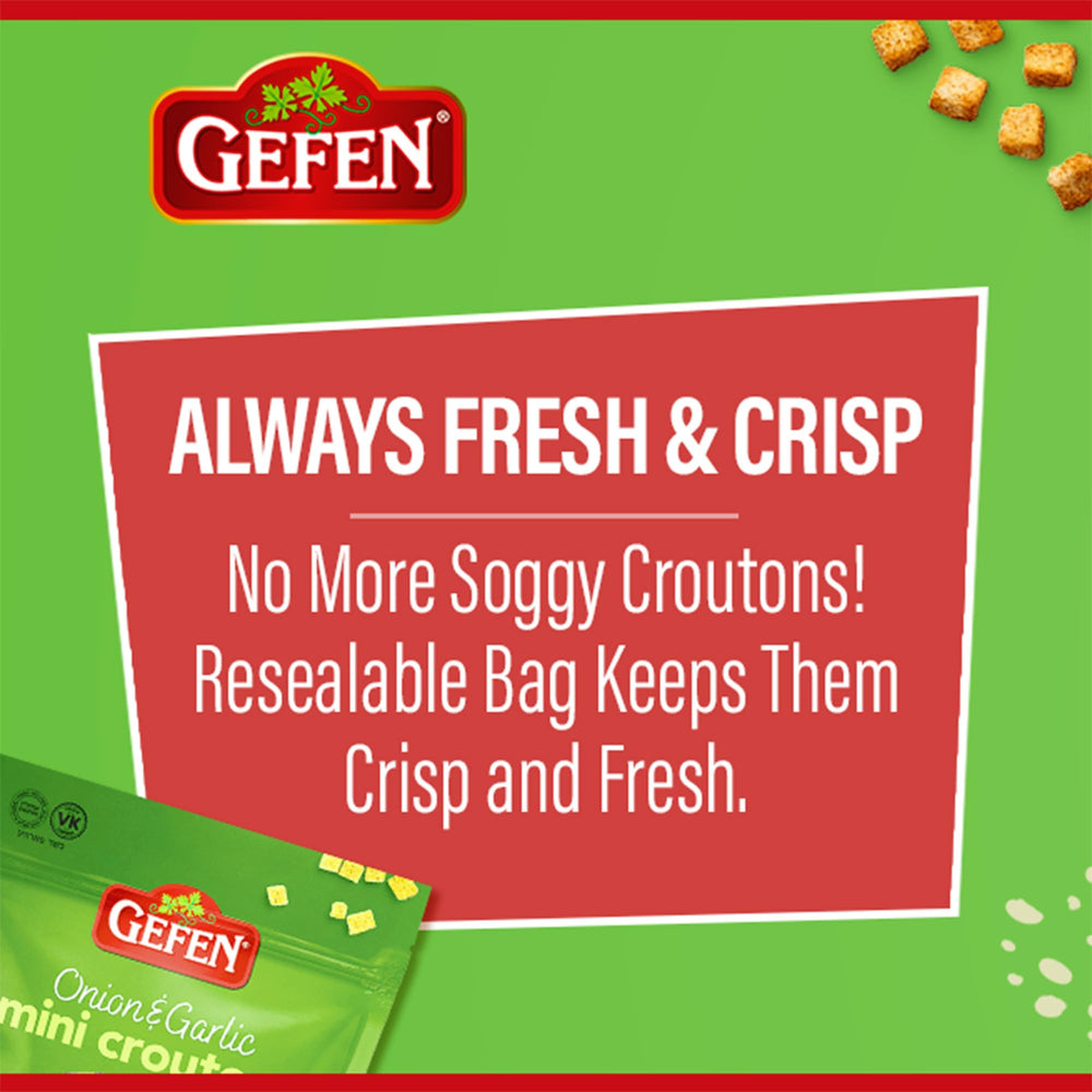 Gefen Onion Garlic Mini Croutons ready to eat straight from the bag.