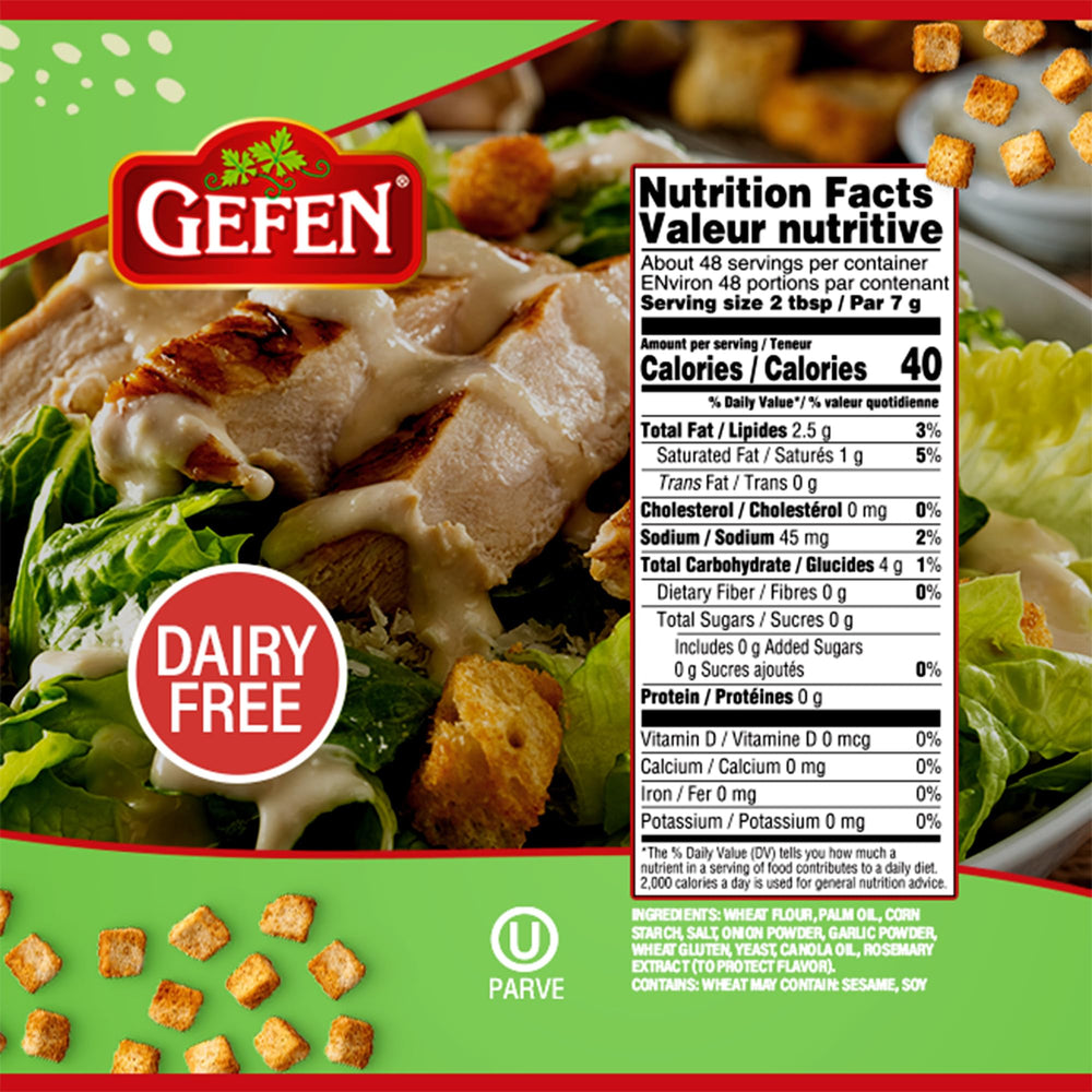 Gefen Onion Garlic Mini Croutons sprinkled on a fresh salad for extra crunch.