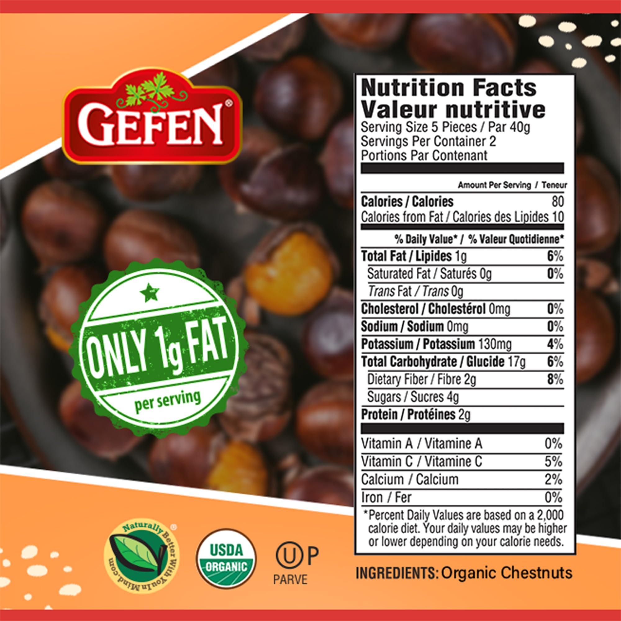 Gefen Organic Chestnuts peeled and roasted close-up for recipes