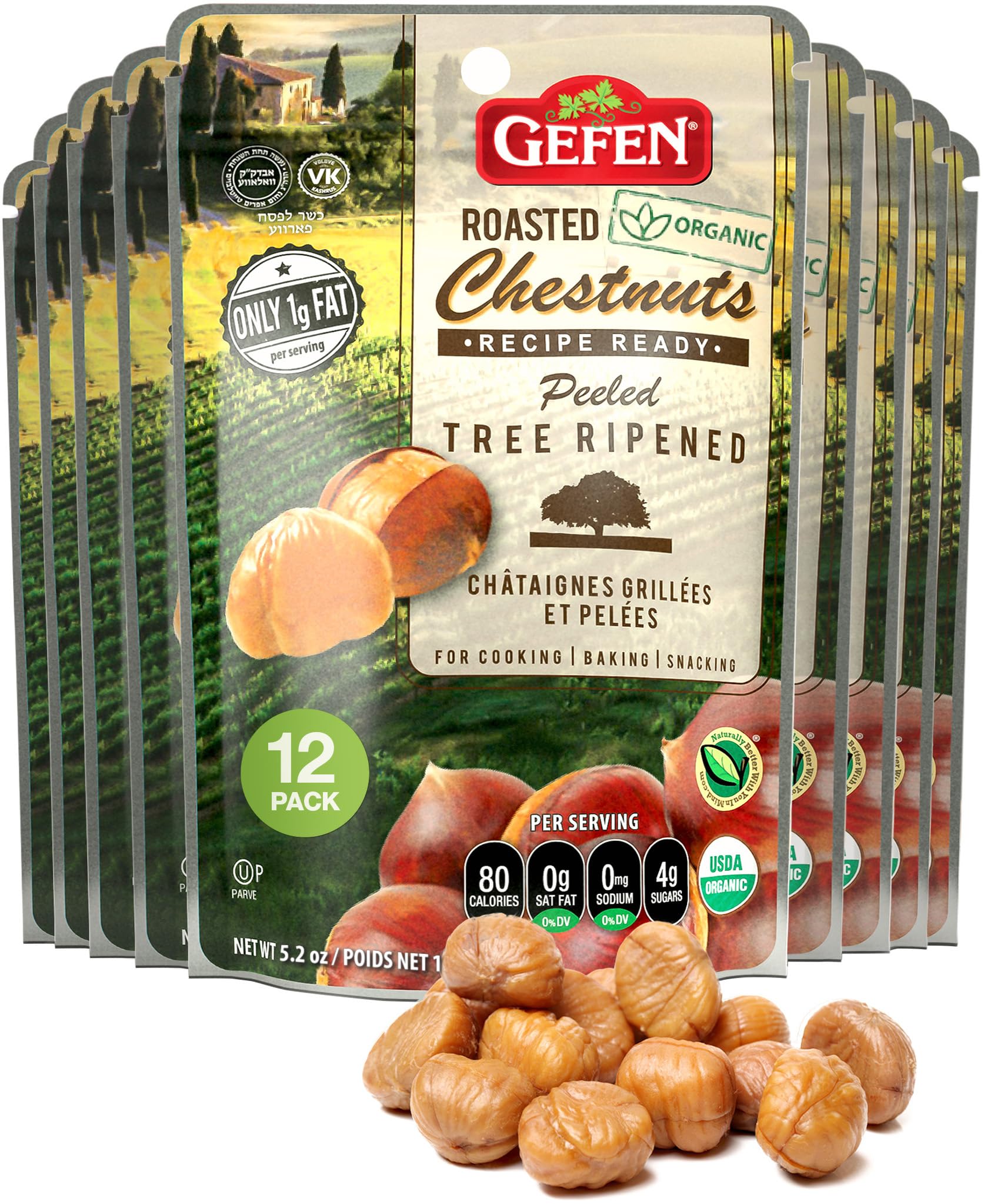 Gefen Organic Chestnuts, roasted and peeled, ready to eat right from the bag.