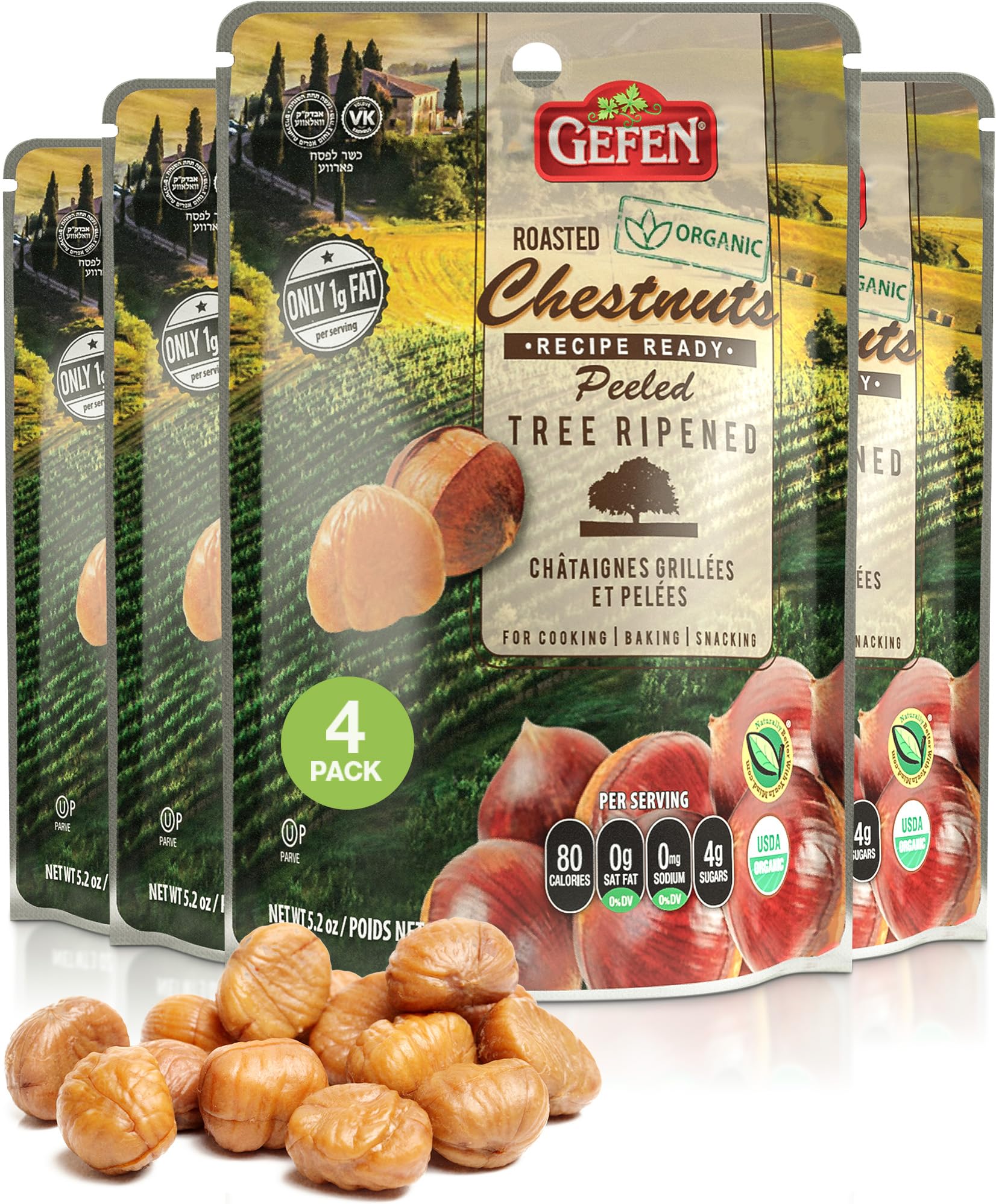 Gefen Organic Chestnuts, roasted and peeled, ready to eat as a convenient snack.