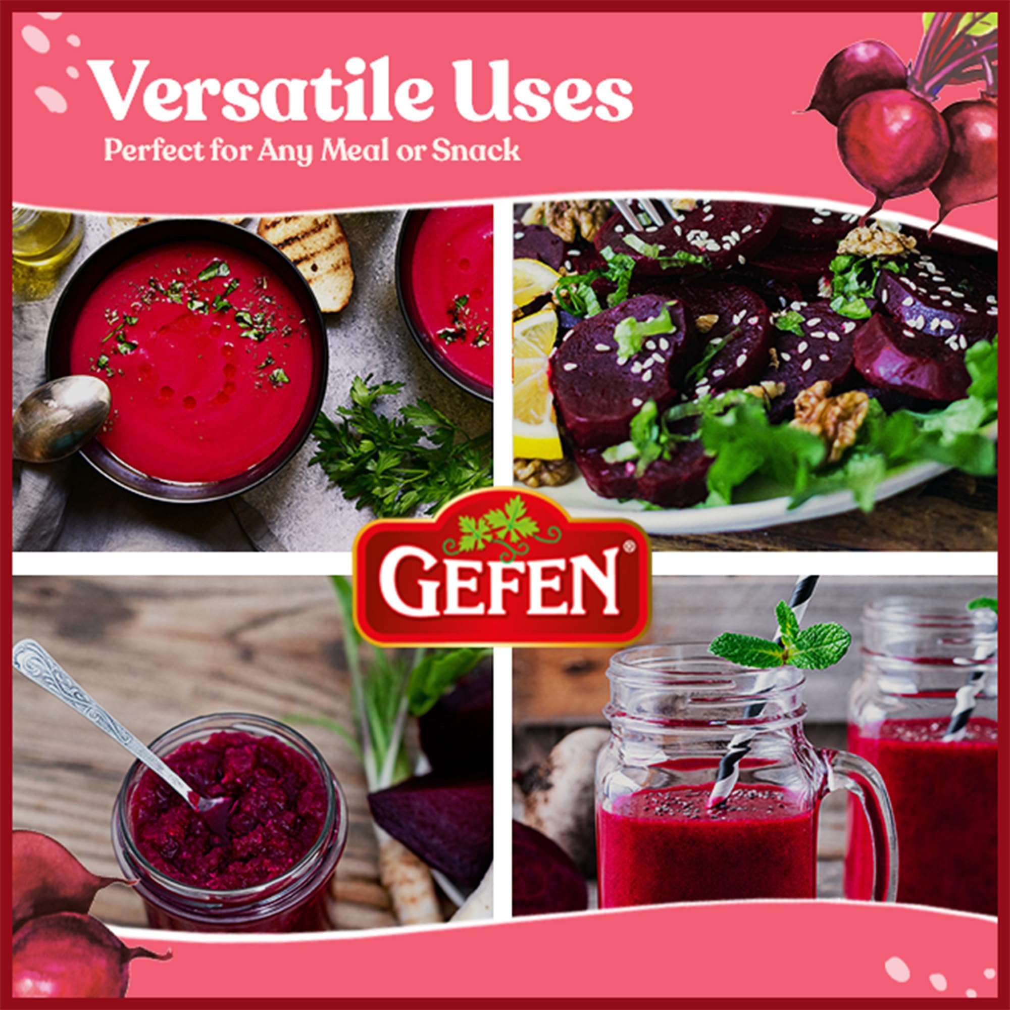 USDA Organic, Non-GMO, kosher-certified beets by Gefen, clean ingredient list.