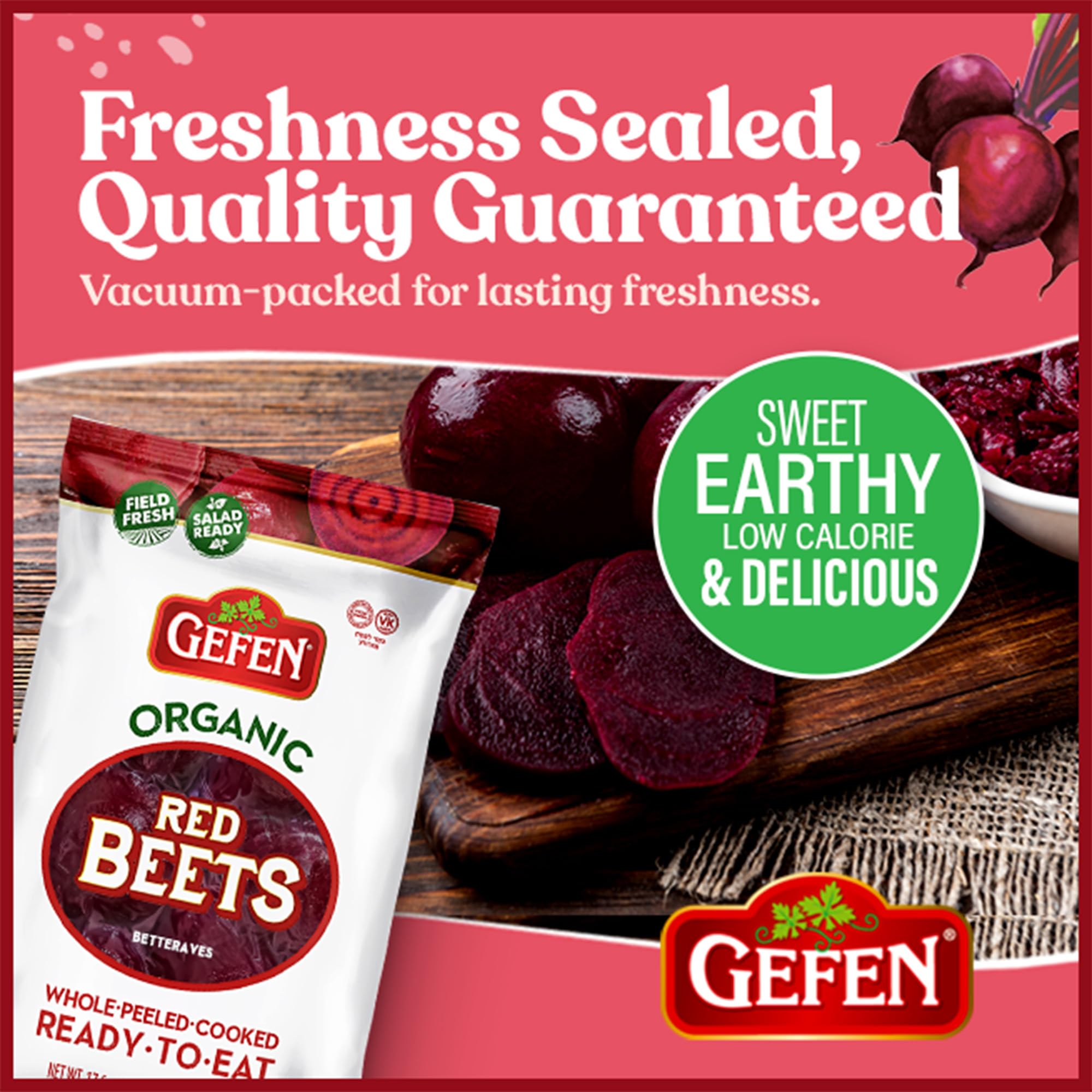 Vacuum-packed Gefen beets keep freshness without refrigeration, ideal for travel.