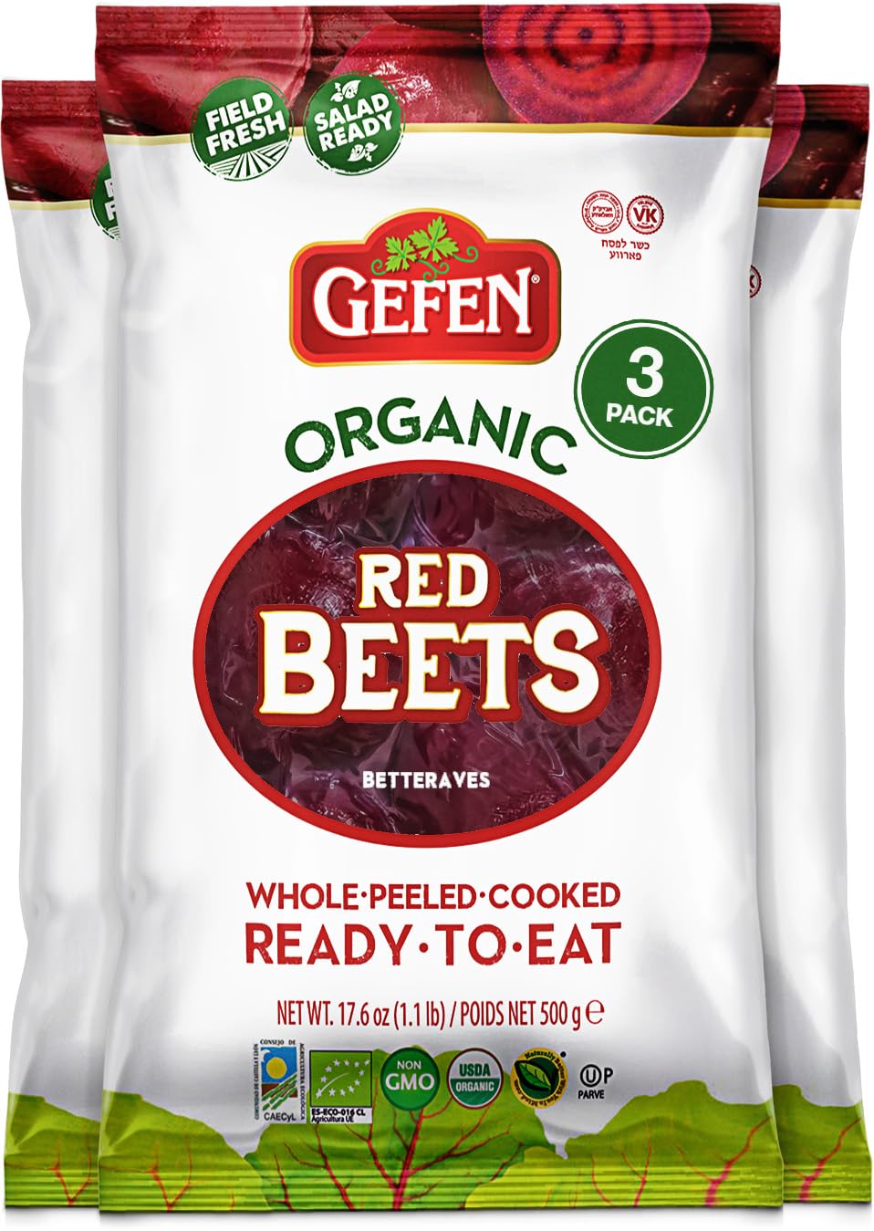 Gefen Organic Red Beets, whole and peeled, cooked and ready to eat for salads.