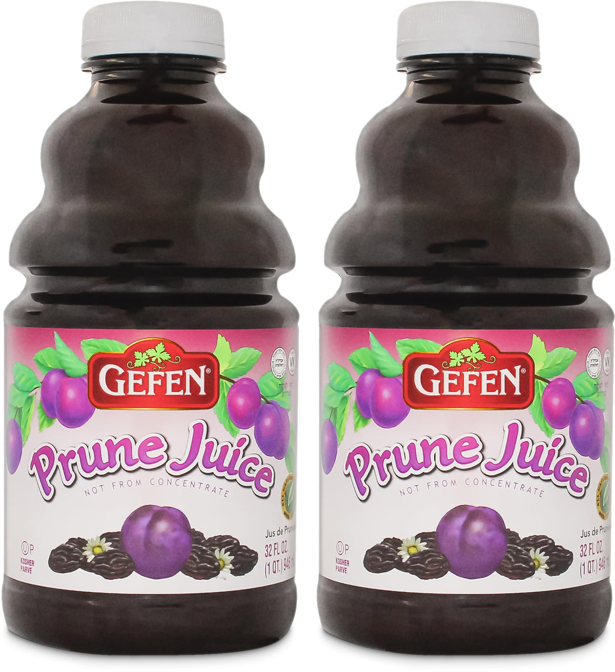 Gefen prune juice bottle front view highlighting natural color and kosher status